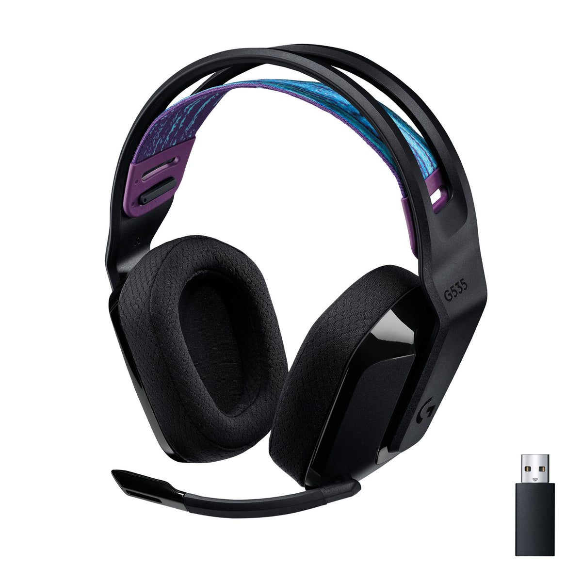 Logitech G 535 Lightspeed trådløst gamingheadset, sort over-ear, indbygget mikrofon, lilla/blå hovedbøjle, USB-adapter.