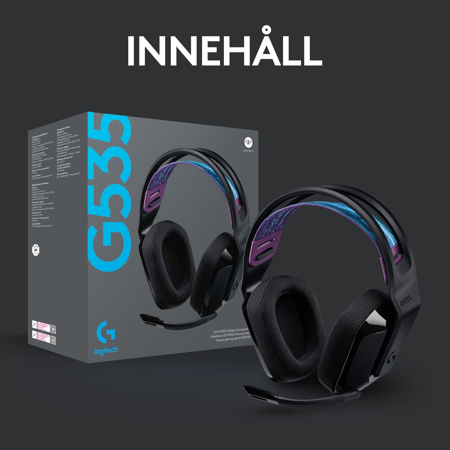 Sort Logitech G535 Lightspeed trådløst gamingheadset ved siden af æske, "INNEHÅLL" tekst synlig over produktet.