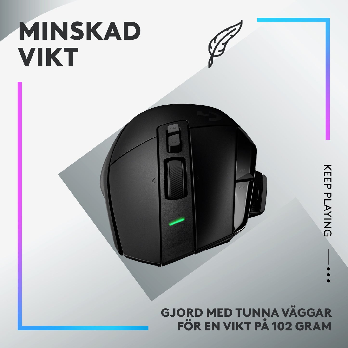 Logitech G502 X Lightspeed sort trådløs gamingmus med grøn indikatorlampe, vægt 102g, svensk tekst: Minskad vikt.