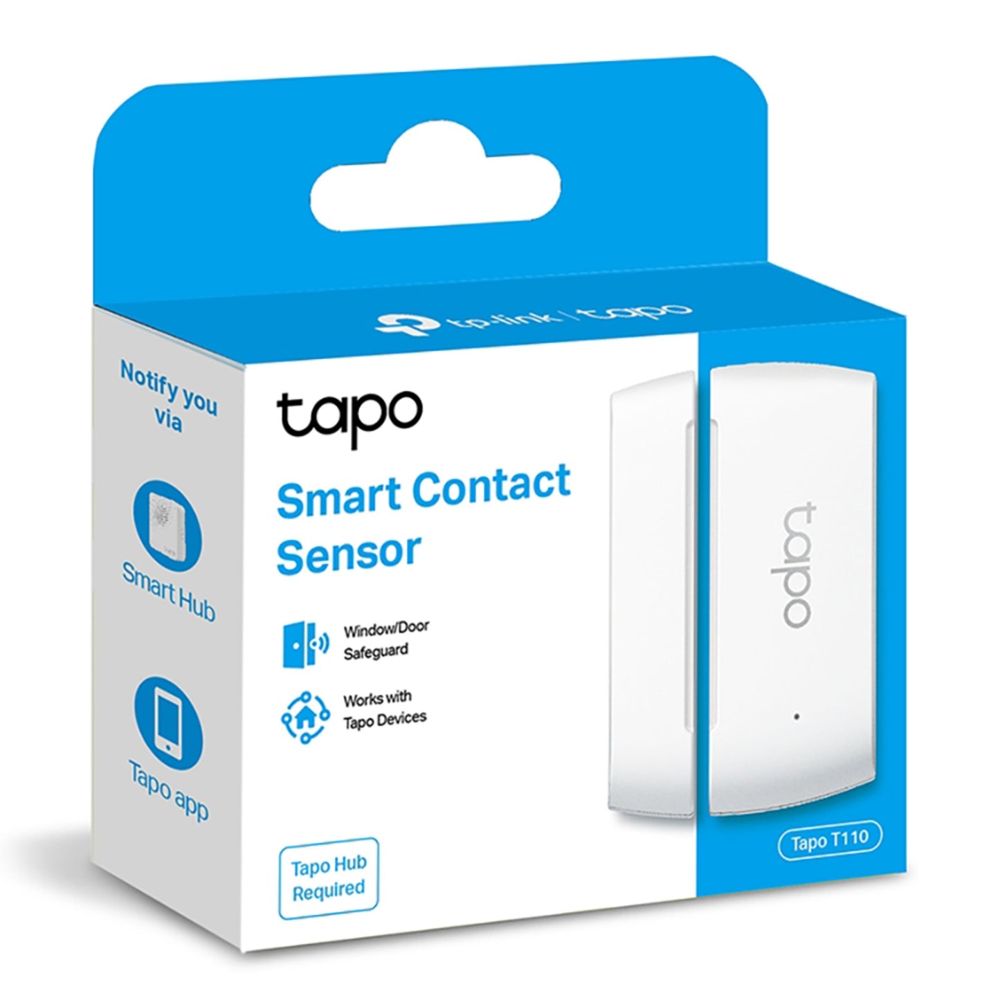TP-Link Tapo T110 Magnet Sensor æske, sender alarmer via Smart Hub og app, sikrer vindue/dør i smart home.