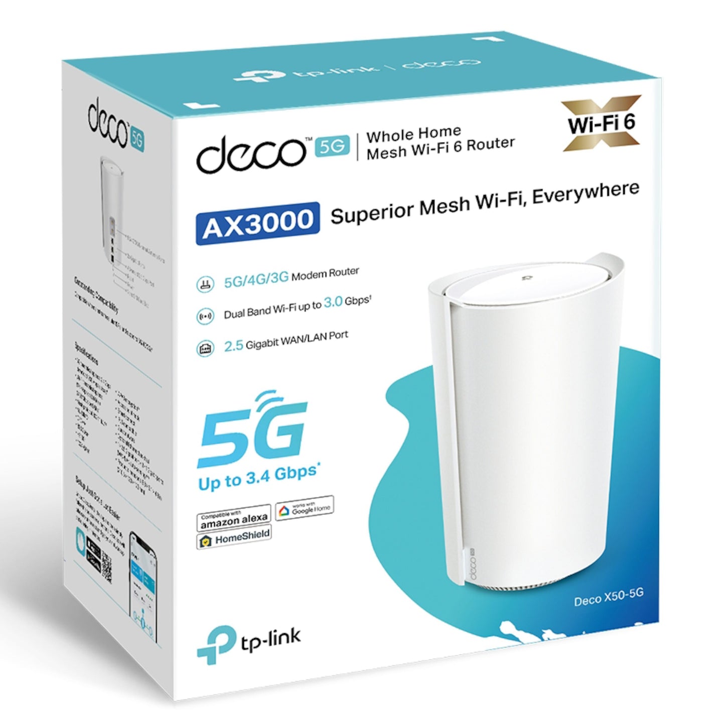 TP-Link Deco X50 5G-router Wi-Fi 6 mesh AX3000, 2,5 Gigabit-port, æske fremhæver op til 3,4 Gbps.