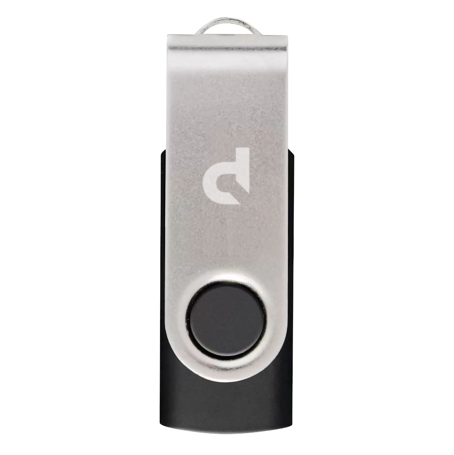 USB-nøgle 16 GB sort med sølv swivel-låg, rundt trykknap og d-logo på clip, USB 2.0.