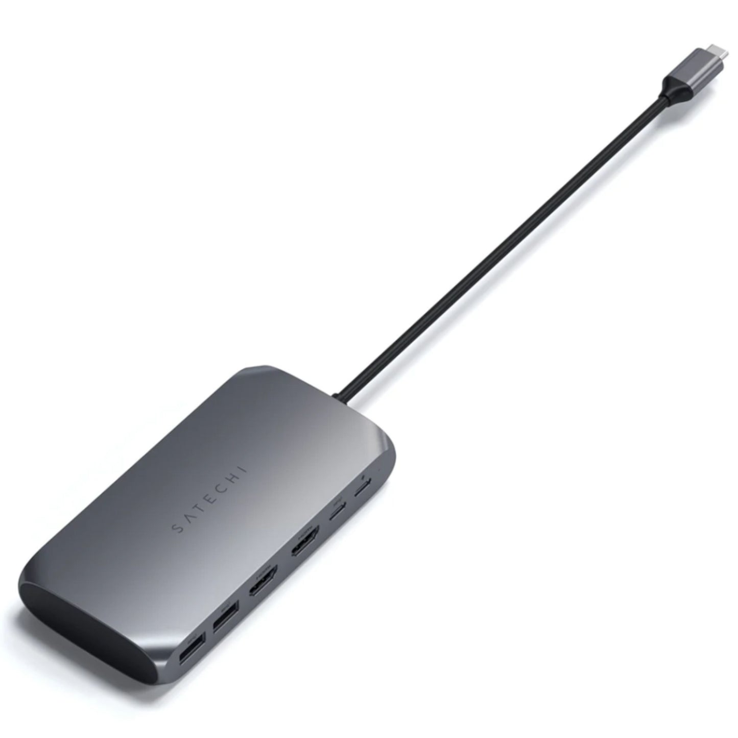Satechi M1 USB-C Multiadapter med USB, HDMI og SD-port samt lang, tynd kabel med USB-C stik.