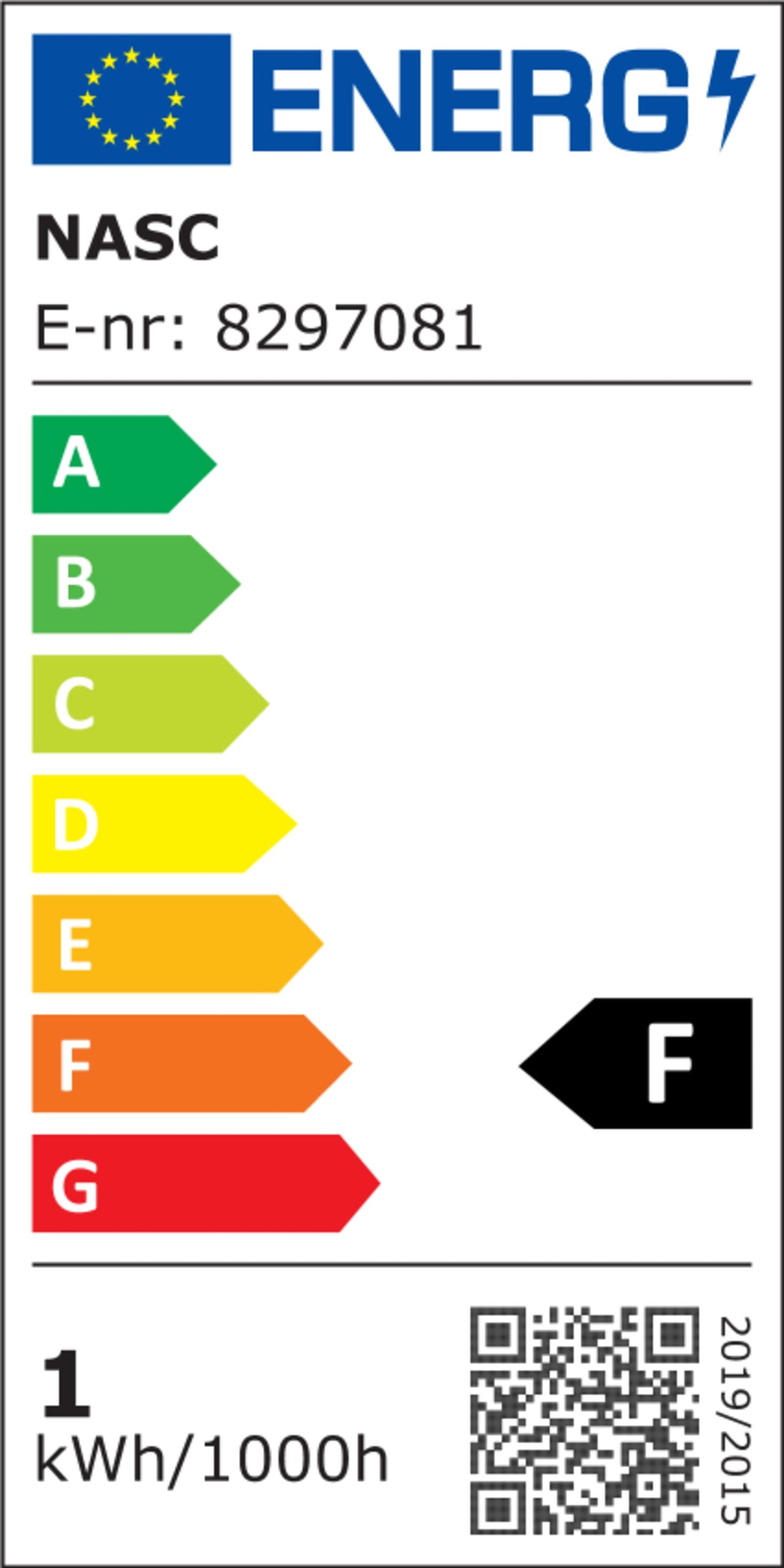 Energimærke til dæmpbar LED-pære G4 120 lm E-nr 8297081 F, A-G skala, QR-kode, 12V G4 fatning, til spotbelysning.