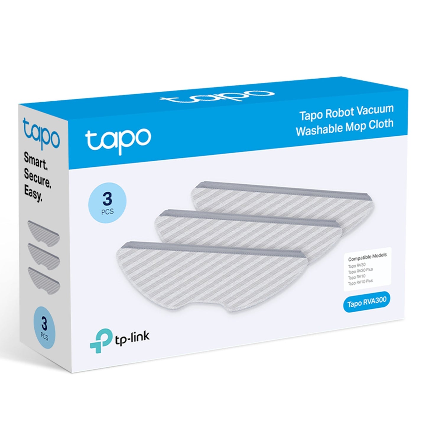 Tapo RV20 Moppeklud 3-pak, vaskbar klude til Tapo robotstøvsuger, blå/hvid æske med modelnavn og kompatible modeller.