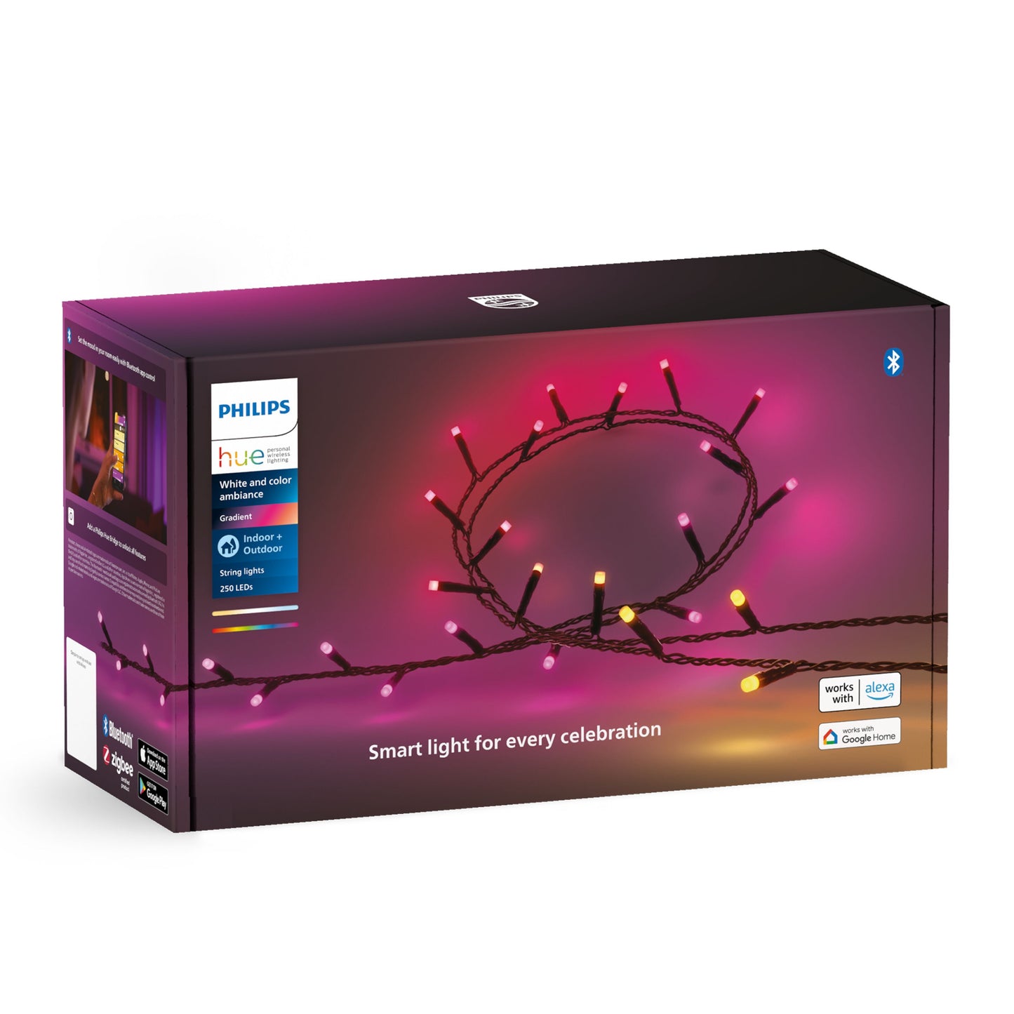 Philips Hue Festlig lyskæde 250 LED, Bluetooth, smart home, lyser i pink-gul-orange nuancer på æsken.