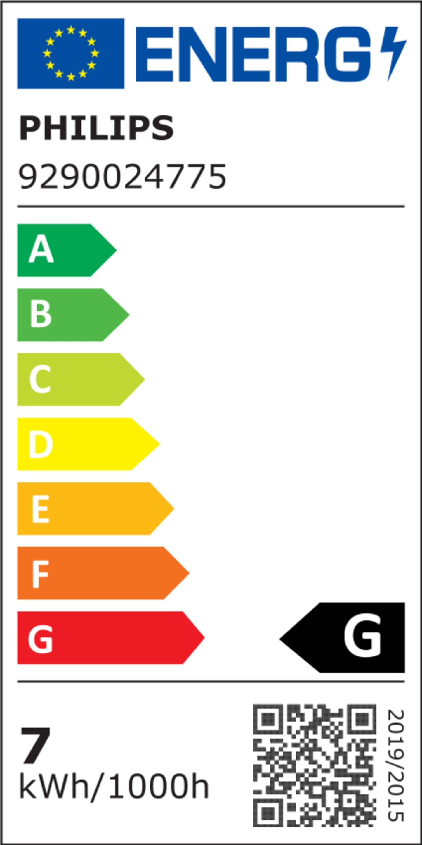 Philips Hue Filament A60 E27 LED-pære 550 lm energimærke G sort pil 7 kWh/1000h EU-flag QR-kode farvet skala.