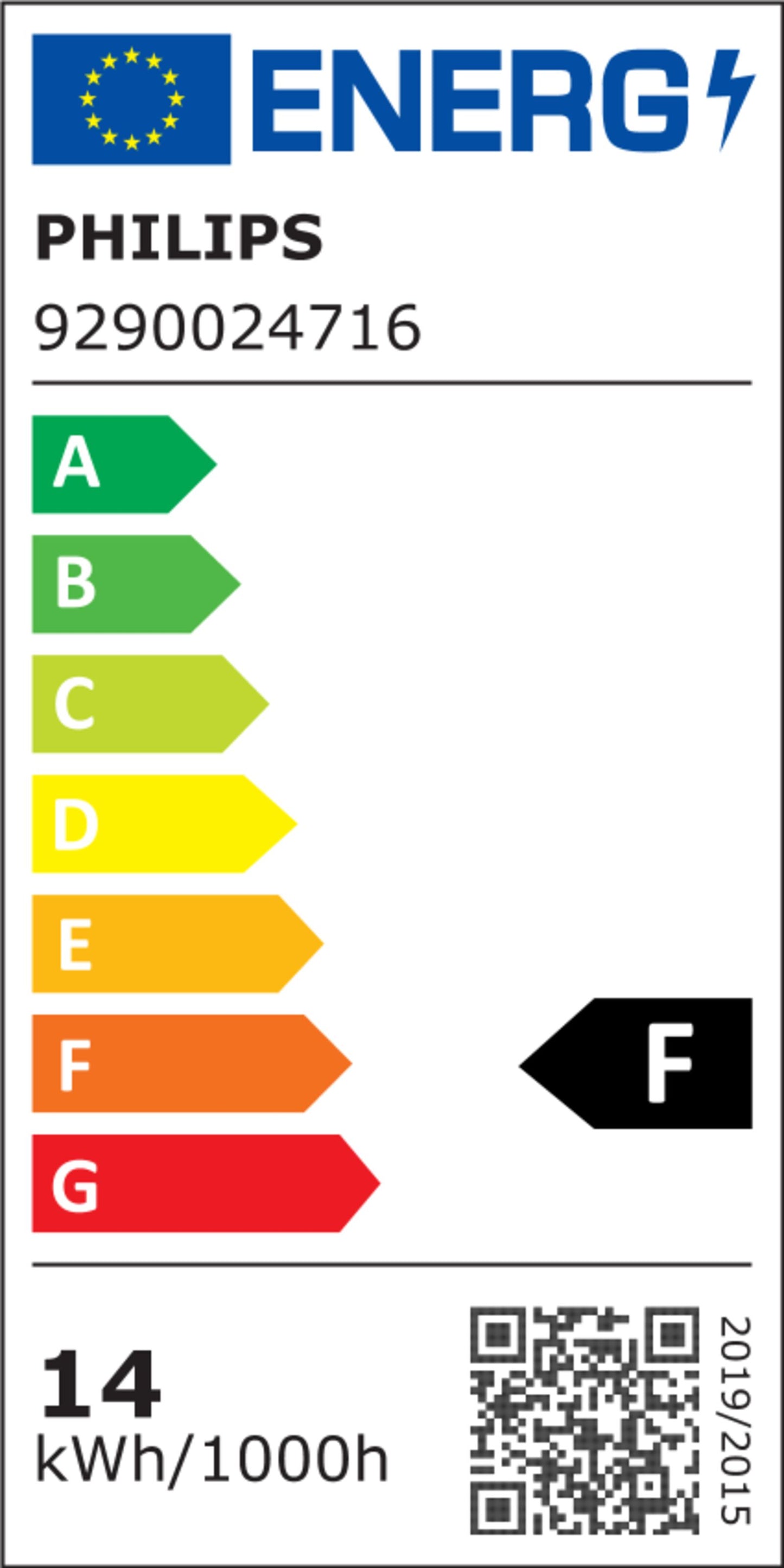 Europæisk energimærke til Philips Hue Color Ambiance LED E27 1600 lm, energiklasse F, 14 kWh/1000h, QR-kode, årstal 2019/2015.