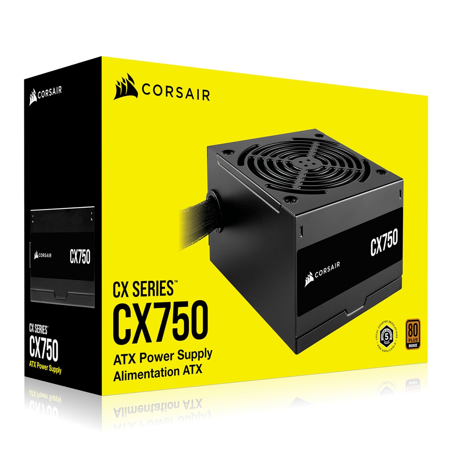 Corsair CX750 750W Bronze strømforsyning med Corsair logo, CX SERIES, 80 PLUS Bronze mærkat på gul-sort æske.