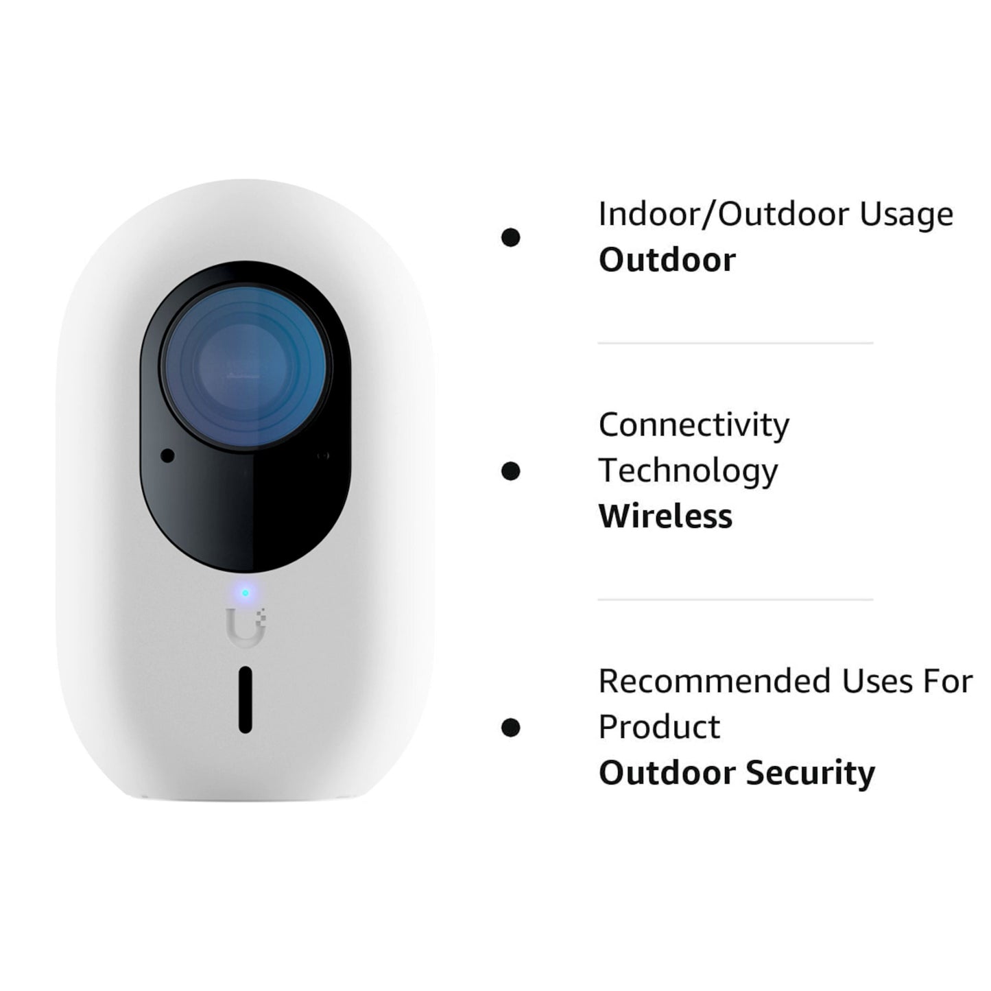 Ubiquiti G4 Instant overvågningskamera hvid oval med blå linse, til udendørs brug og trådløs Unifi-integration.