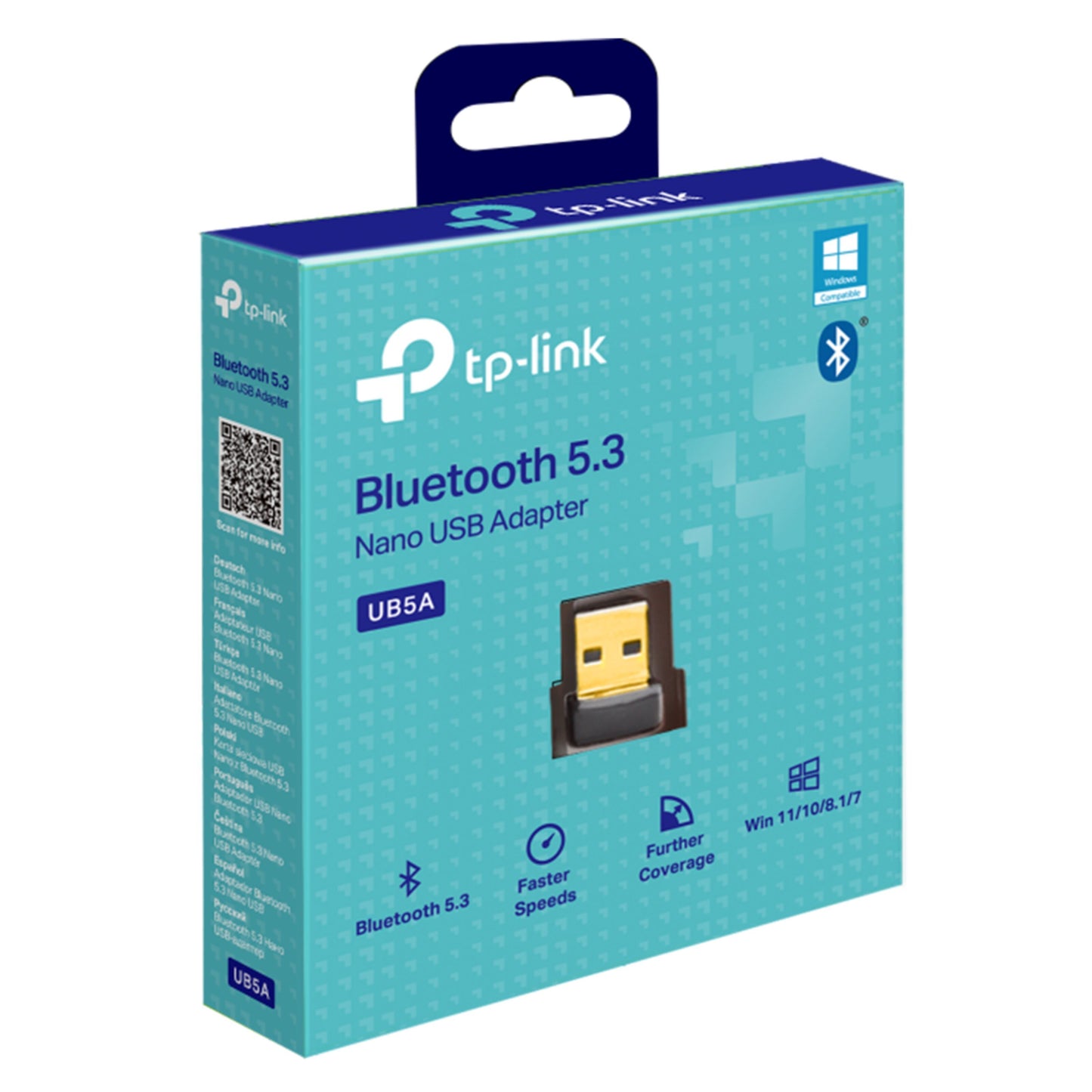 TP-Link Bluetooth 5.3-modtager æske med TP-Link-logo, billede af adapter, ikoner for trådløs forbindelse og Windows-support.