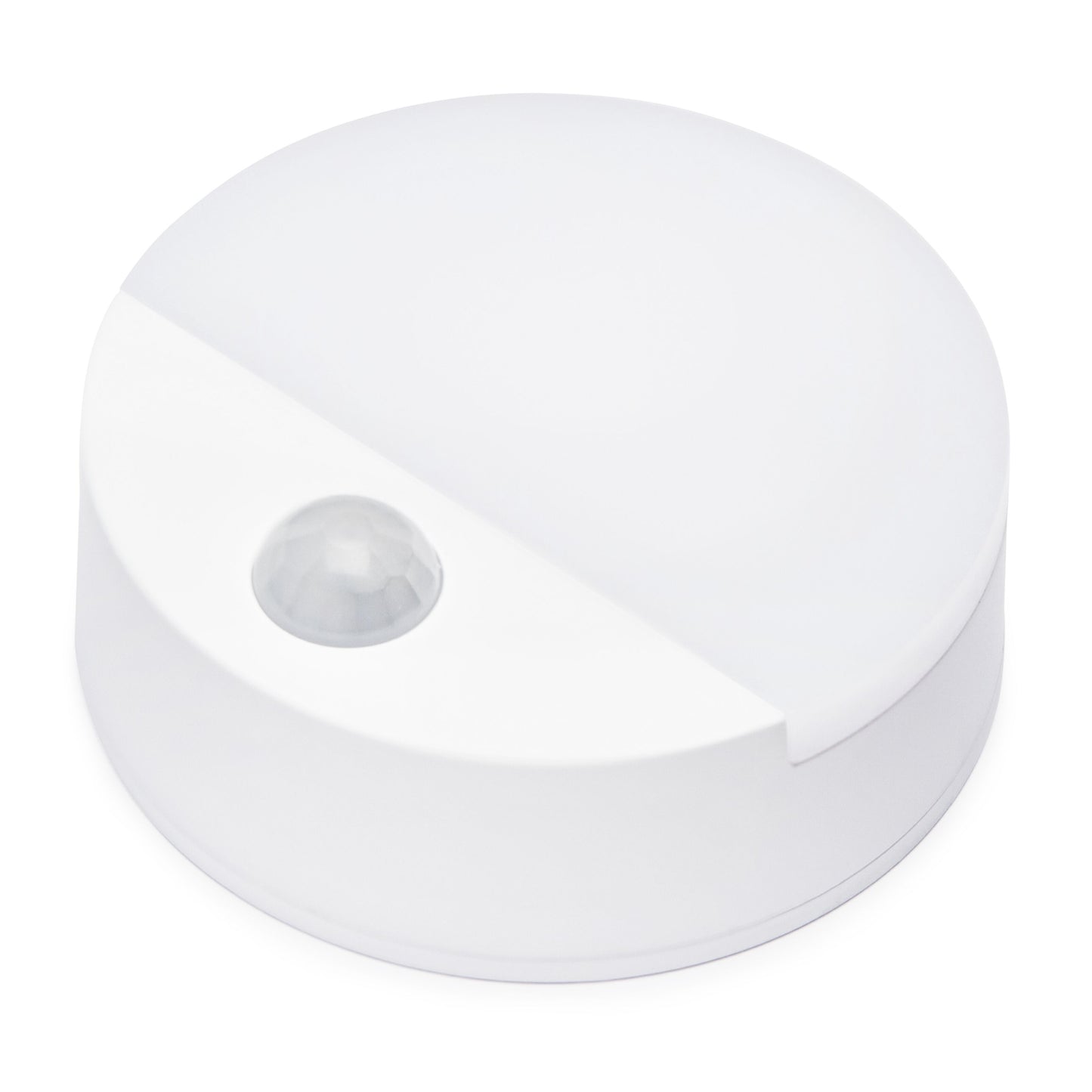 Garderobebelysning med bevægelsessensor, rund hvid LED-lampe med kuppelformet sensor.