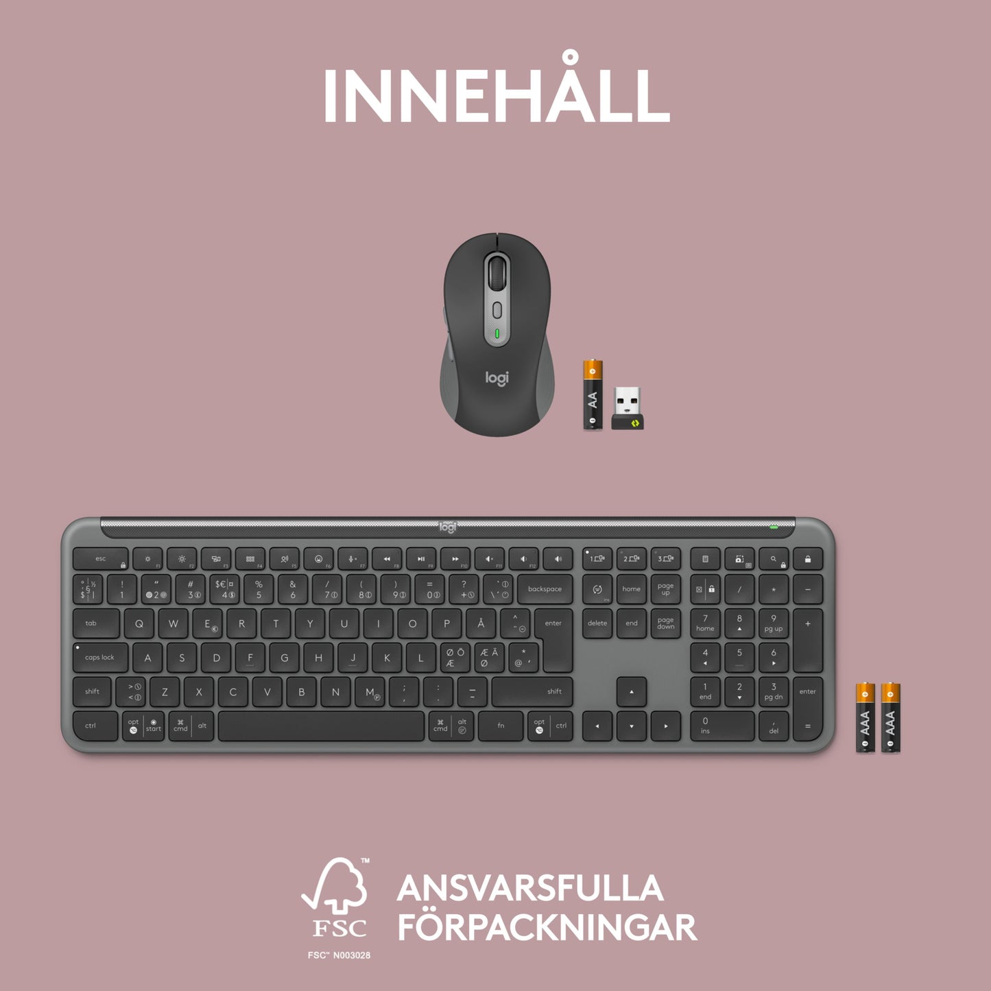Logitech MK950 Signature Slim trådløst tastatur og mus, USB-modtager, til AAA-batteri, svensk tekst INNEHÅLL, FSC-logo.