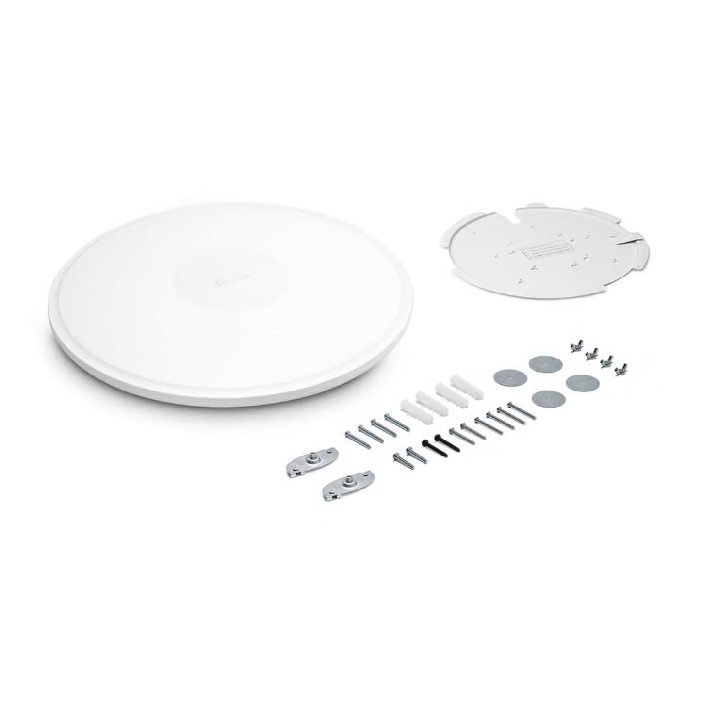 TP-Link Omada EAP772 WiFi 7 adgangspunkt BE11000, hvid, cirkulær med monteringsplade og hardware.