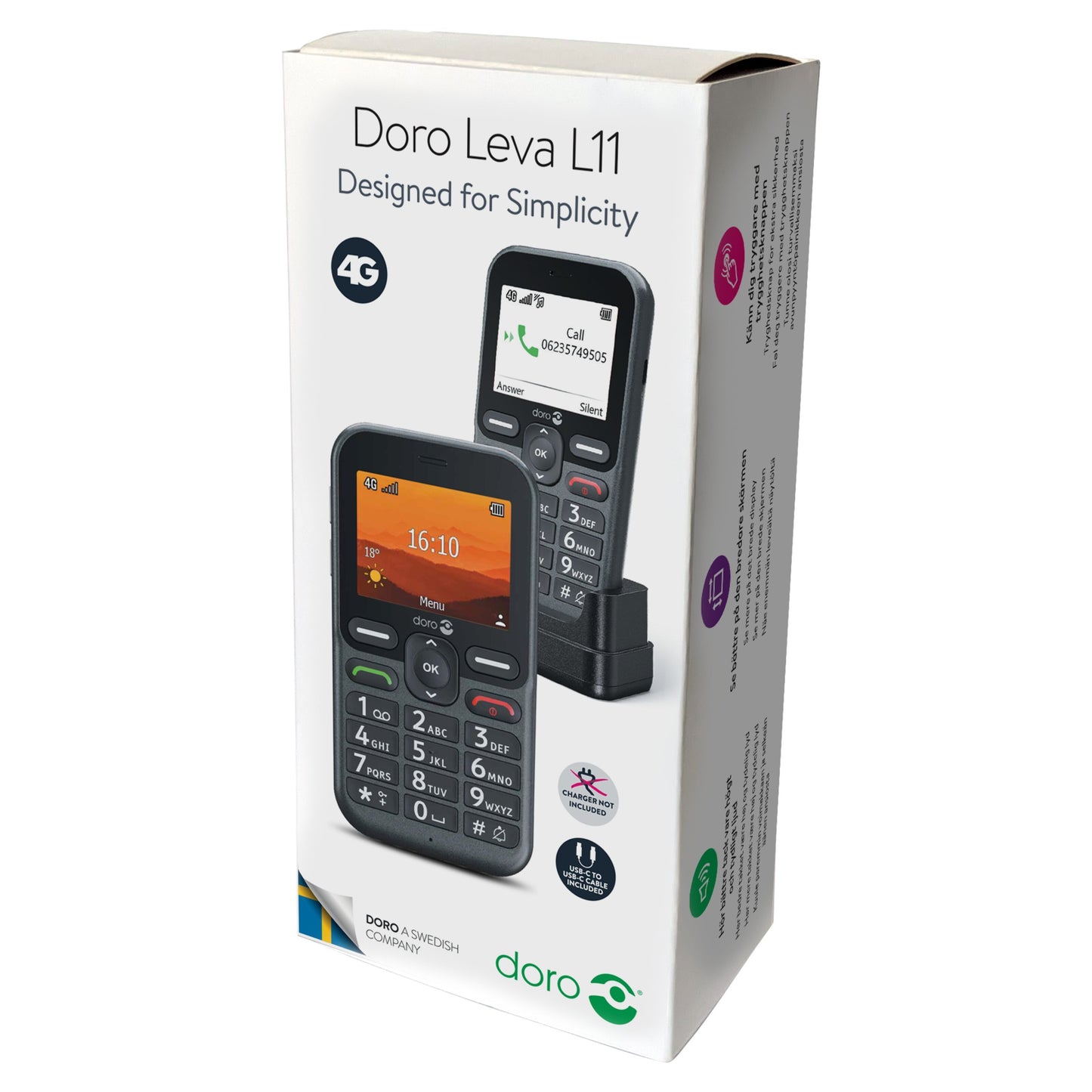 Doro Leva L11 4G mobiltelefon med store knapper, tydelig skærm, SOS-knap, opladerdock og USB-C til USB-C kabel.