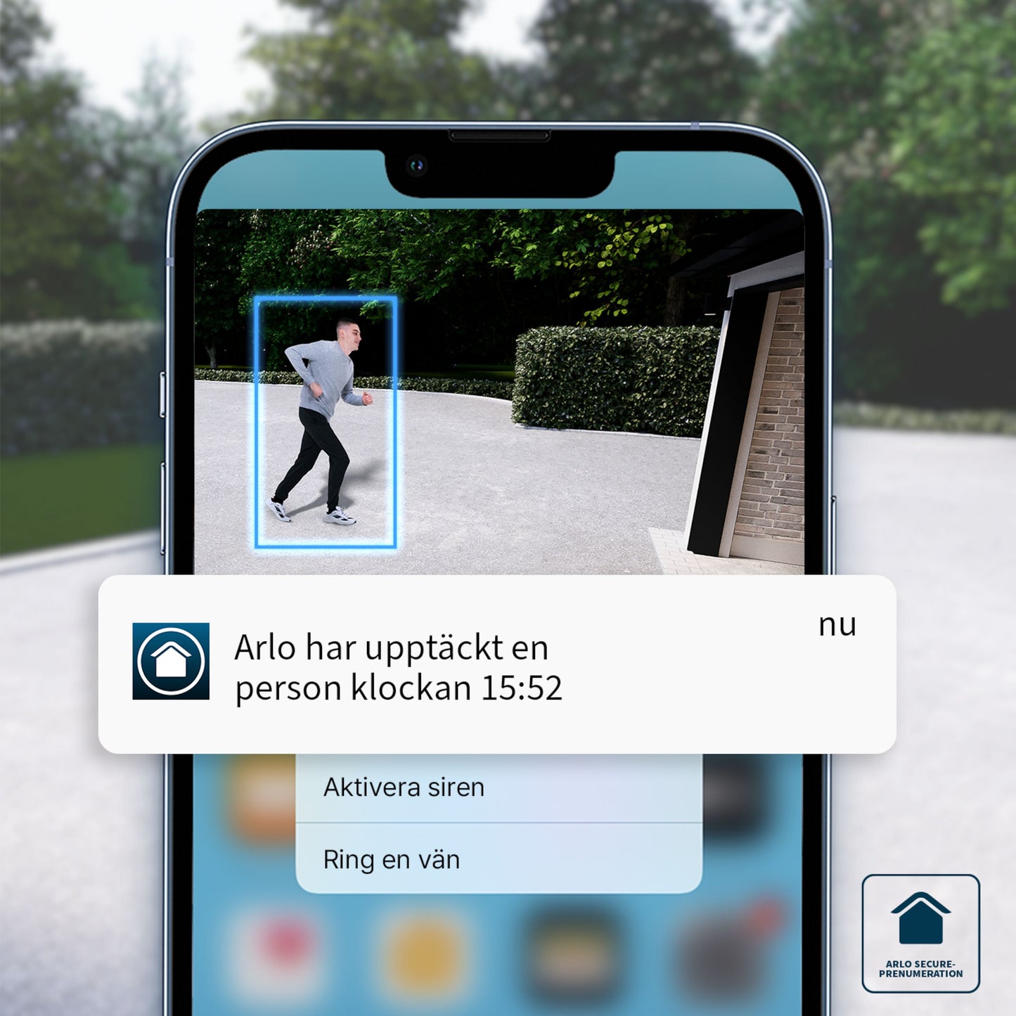 Arlo Essentiel Doorbell 2 FHD Trådløs Dørklokke vises på smartphone med person-opdaget notifikation og sikkerhedsindstillinger.