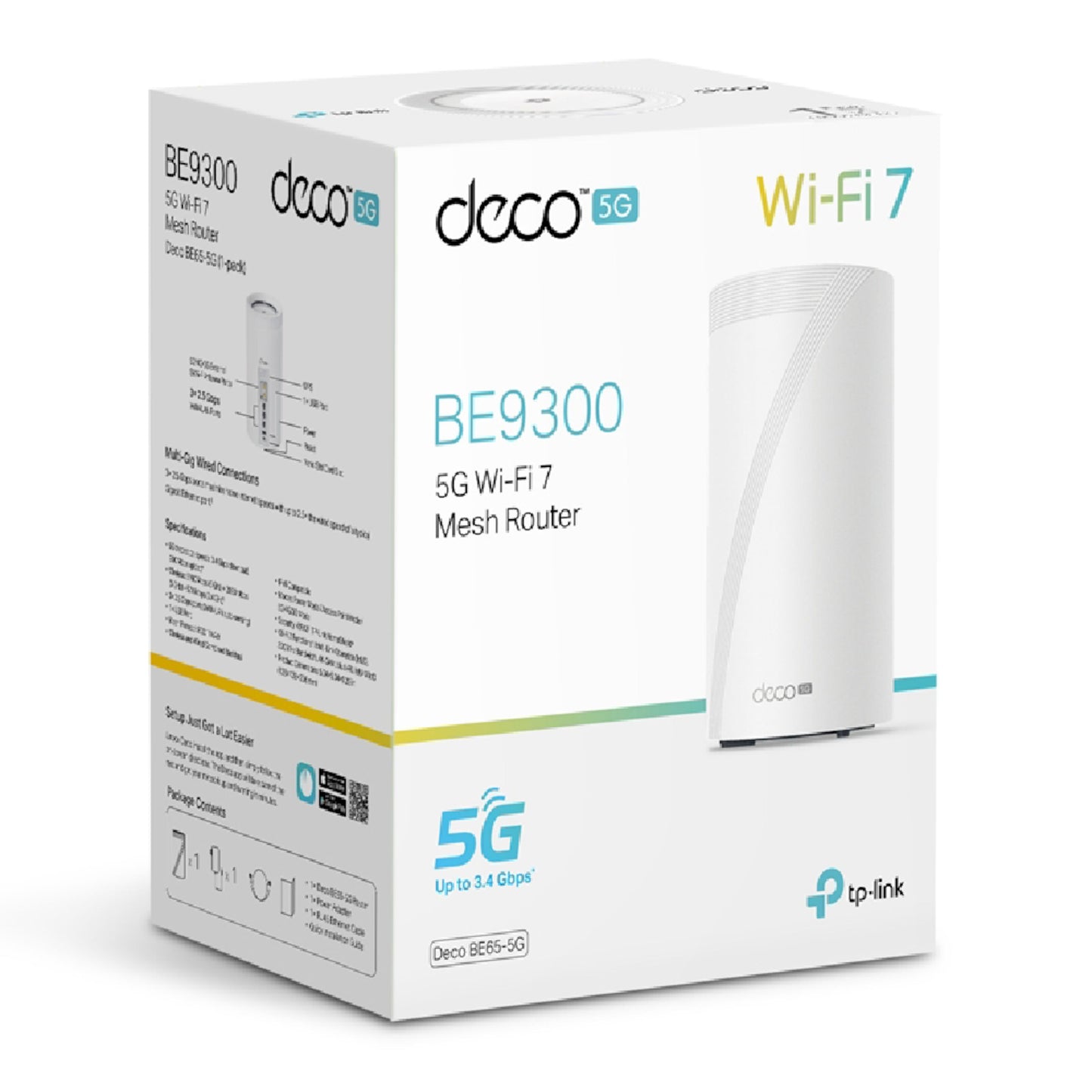 Tp-Link Deco BE65-5G mesh-node BE9300 1-pack, WiFi 7, 5G internet, op til 3,4 Gbps, nøgleinfo fremhævet på æsken.