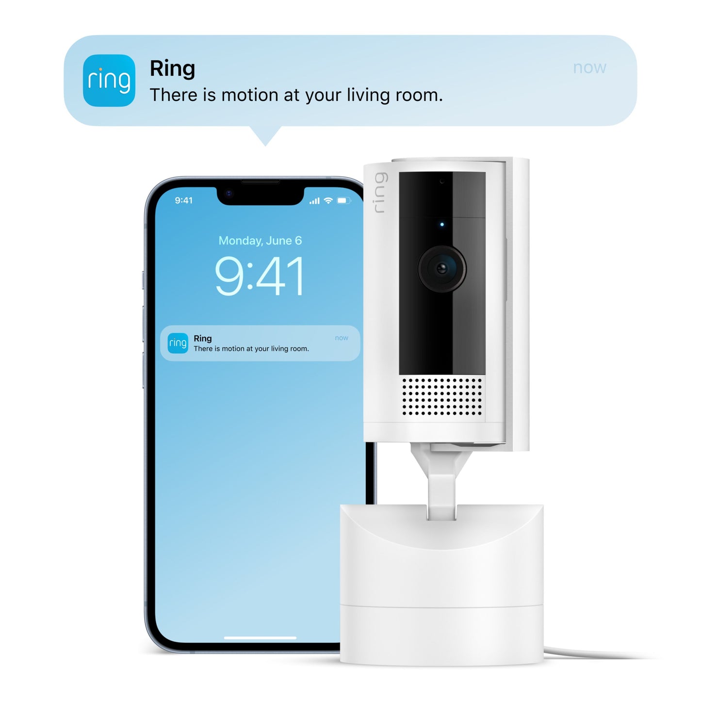 Ring Pan-Tilt indendørskamera hvid foran smartphone med bevægelsesnotifikation og farve-nattesyn, kl 9:41 d. 6/6.