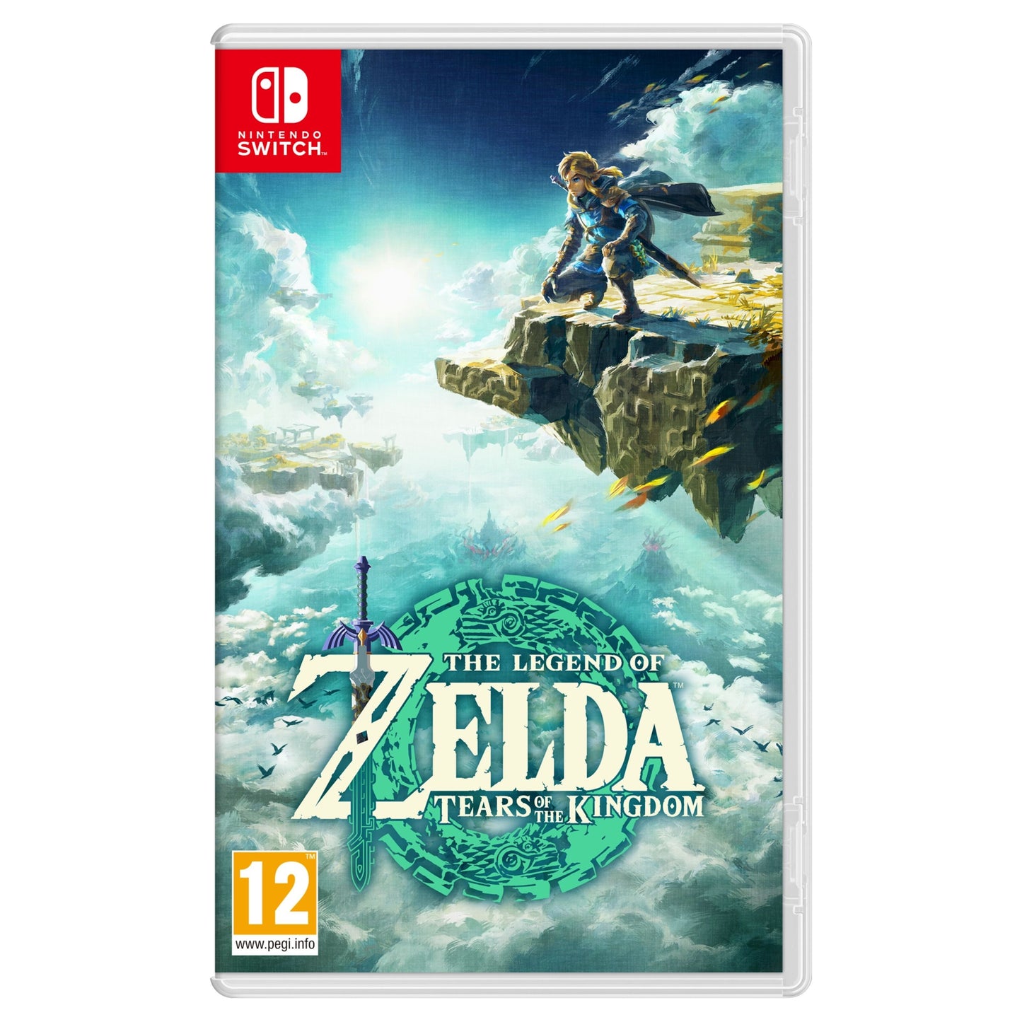 Nintendo The Legend of Zelda: Tears of the Kingdom spilæske med Link på himmelø, flyvende øer, PEGI 12.