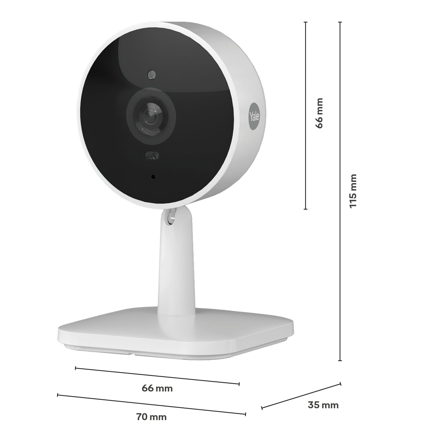 Yale Smart indendørskamera sort front firkantet base 115x66 mm, base 70x35 mm, Yale-logo synligt på siden.