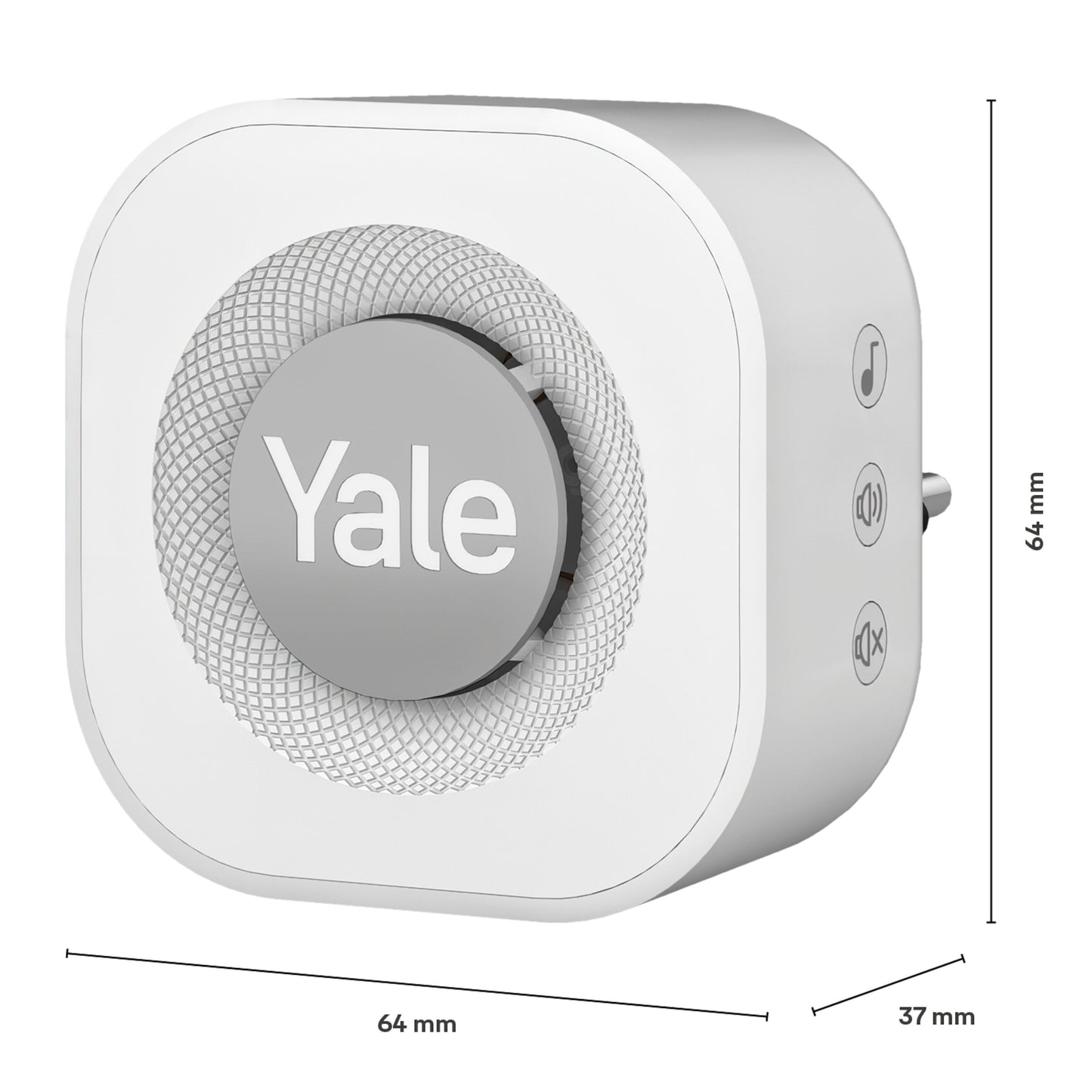 Yale Doorbell Chime, hvid, afrundede kanter, 64x64x37 mm, cirkulær højtaler, Yale-logo, knapper til lyd/melodi.