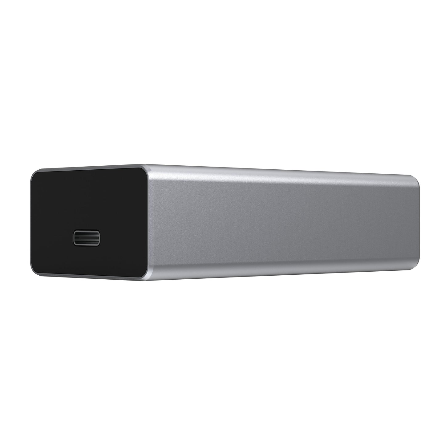 CB1021 PoE-adapter, rektangulær sølv powerbank med sort ende og USB-C port.