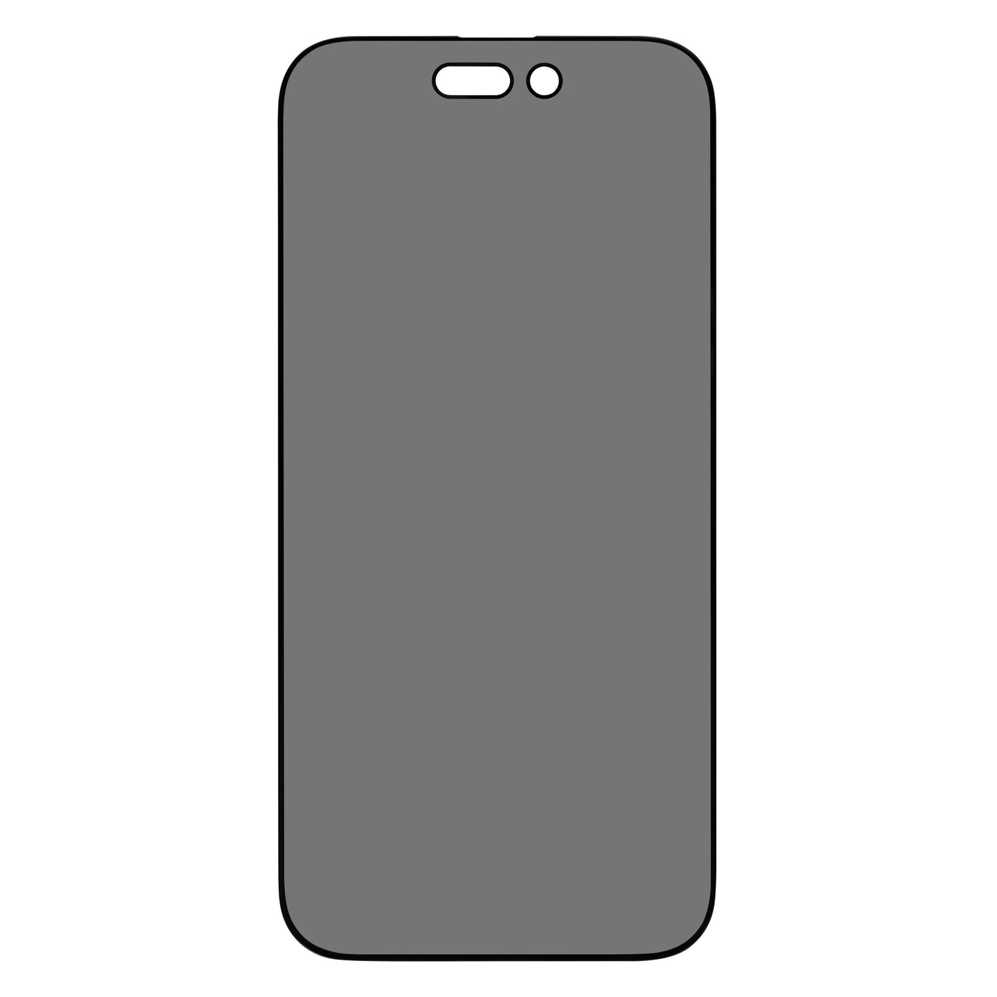 IPhone 16 Plus med afrundede hjørner, kamera- og sensorausnit, grå skærm, Linocell Elite Extreme Privacy skærmbeskyttelse.