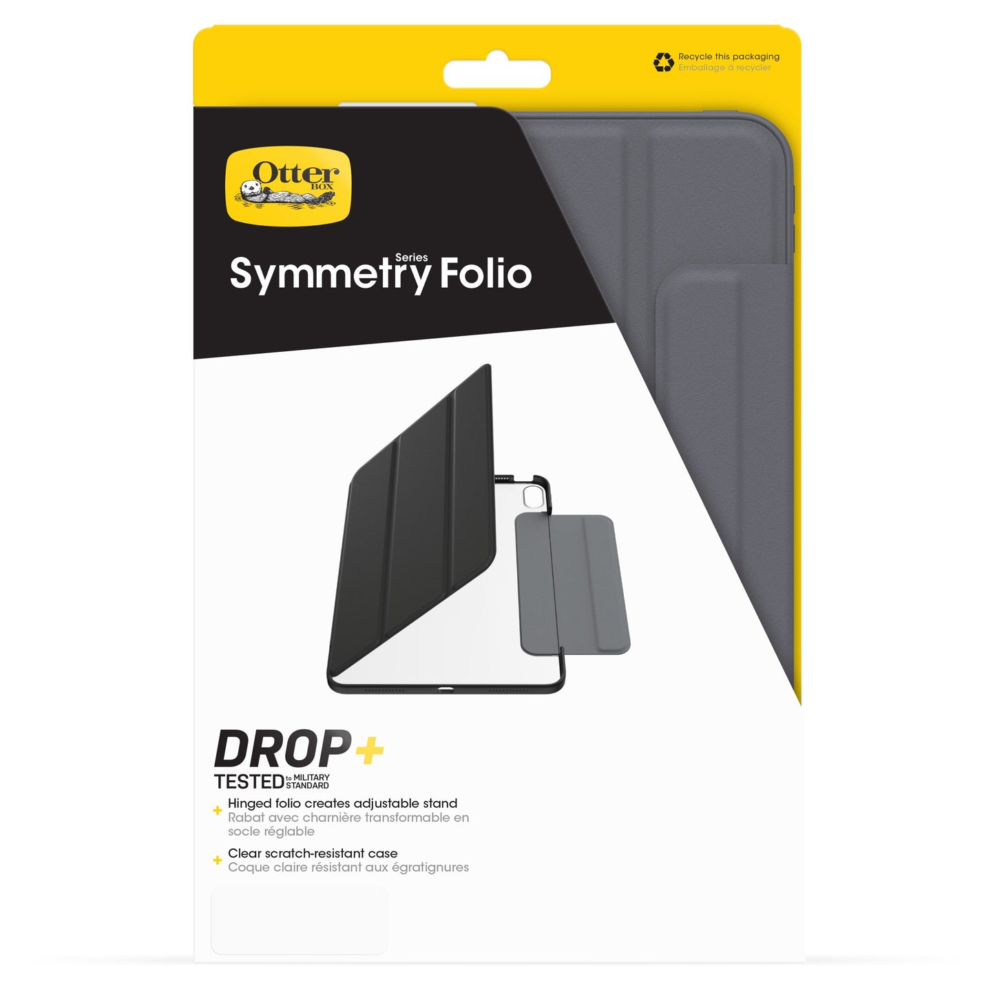 Otterbox Symmetry Folio etui til iPad Pro 11", gråt justerbart standcover, stødsikker, info og foldediagram på forsiden.