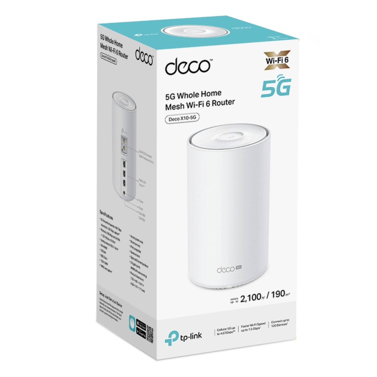 TP-Link Deco X10-5G AX1500 mesh-router 1-pak æske med TP-Link logo, info og specs i blå, hvid og grå.