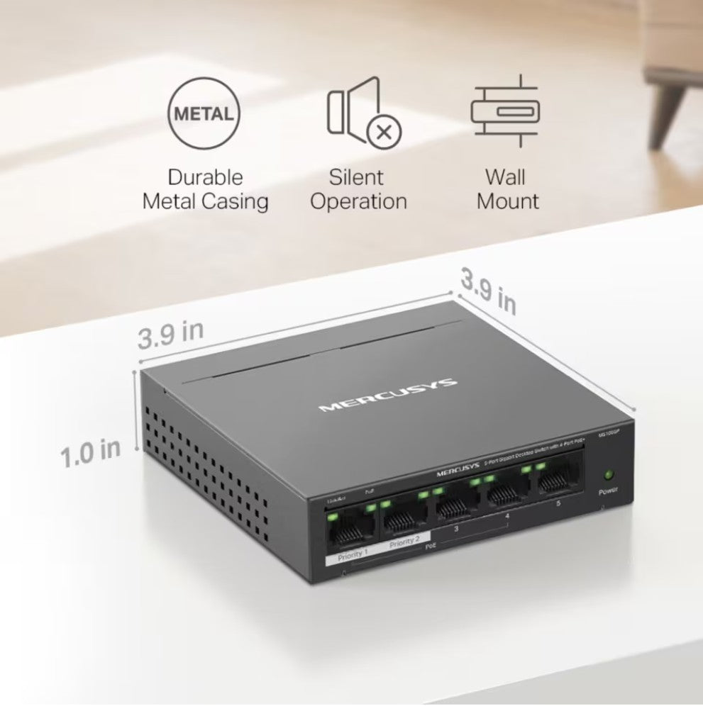 Mercusys MS105GP sort 5-port gigabitswitch med POE+, metalhus, lydløs drift, vægmontering, 3,9x3,9x1,0 tommer.