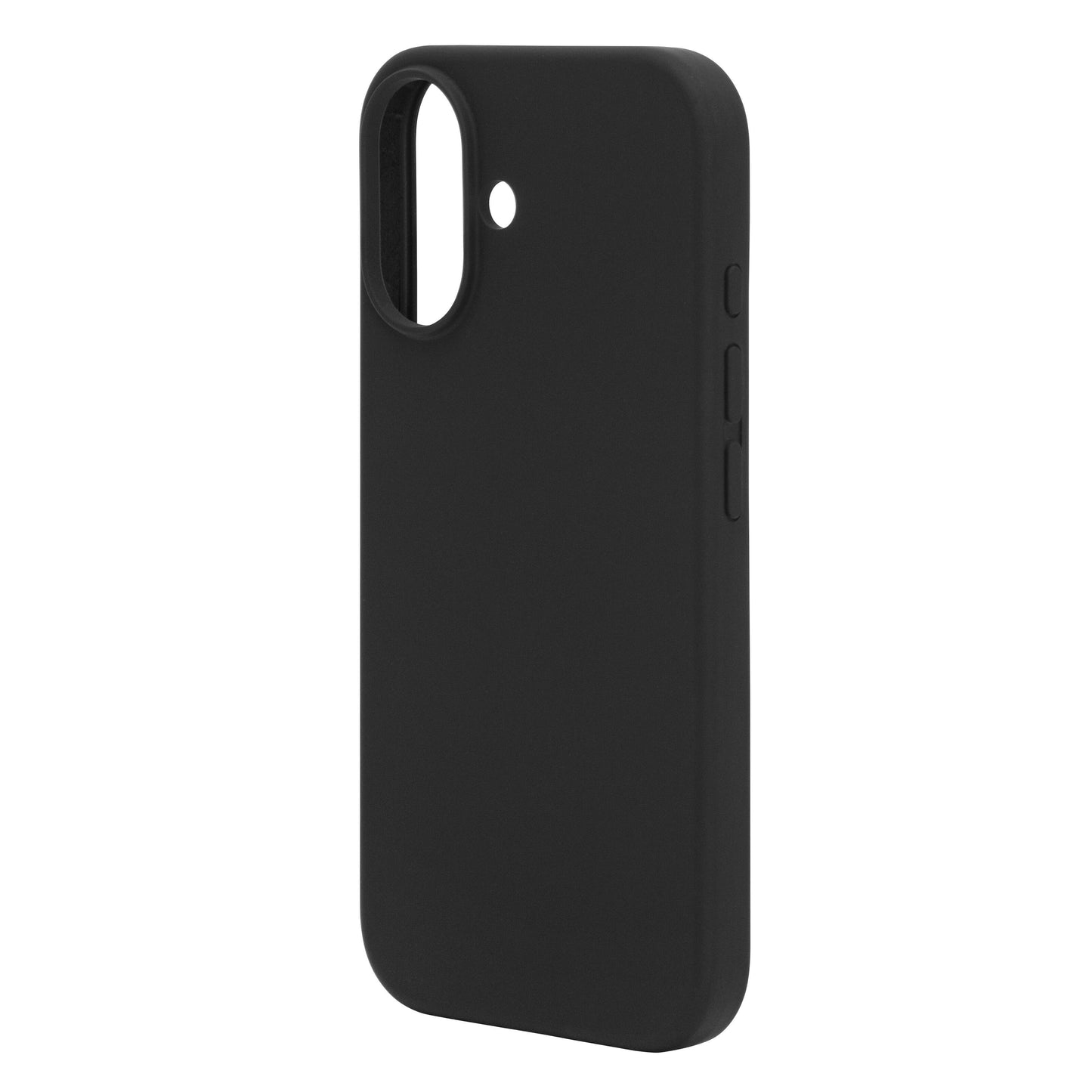 Sort gummicover til iPhone 16 med præcise udskæringer til kamera, flash og sideknapper, vist i vinkel.