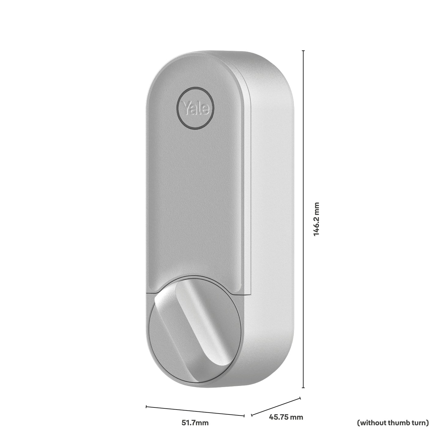 Yale Linus Smart Lock L2 sølv, cirkulær tommelfingergreb, 146,2x51,7x45,75 mm uden greb, til smart home sikkerhed, genopladeligt batteri.