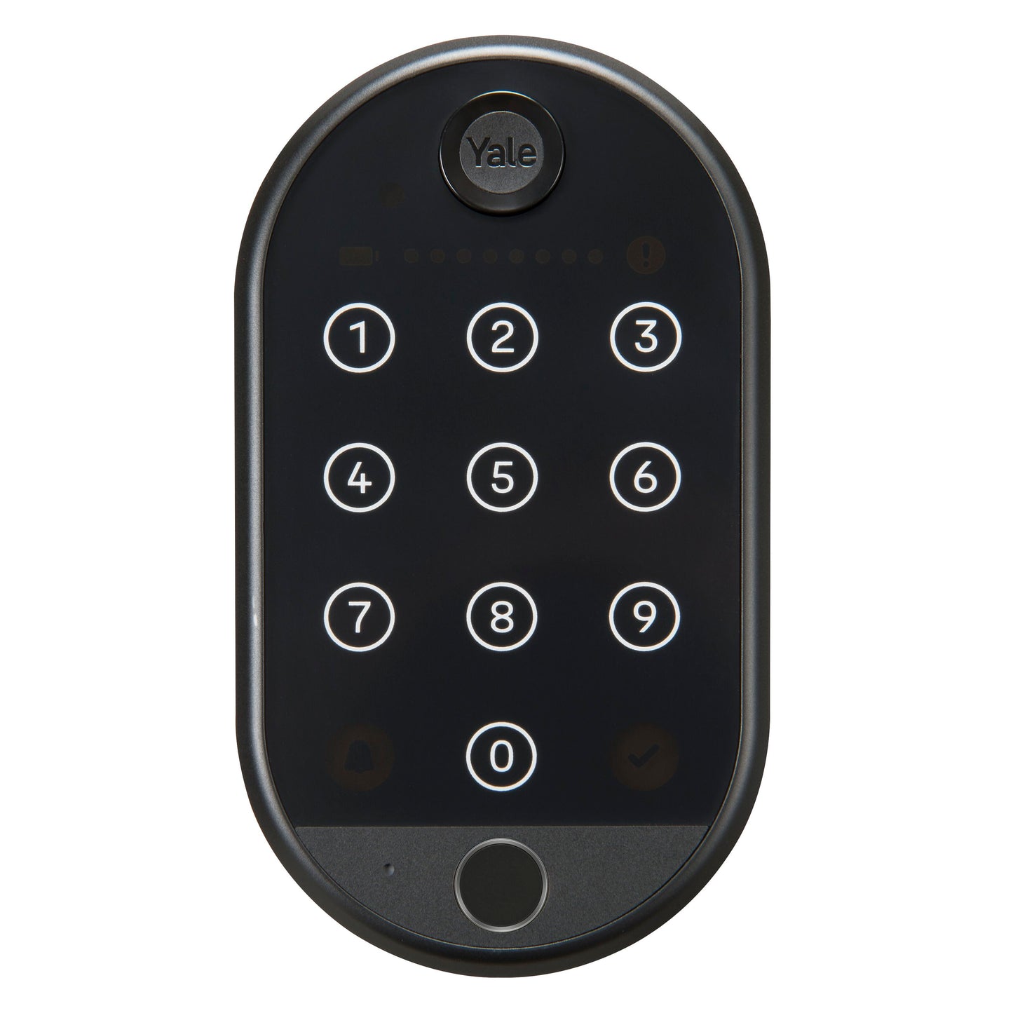 Yale Smart tastatur 2 Fingeraftryk sort, oplyste taster 0-9, flueben, backspace, rundt design, Yale-logo øverst.
