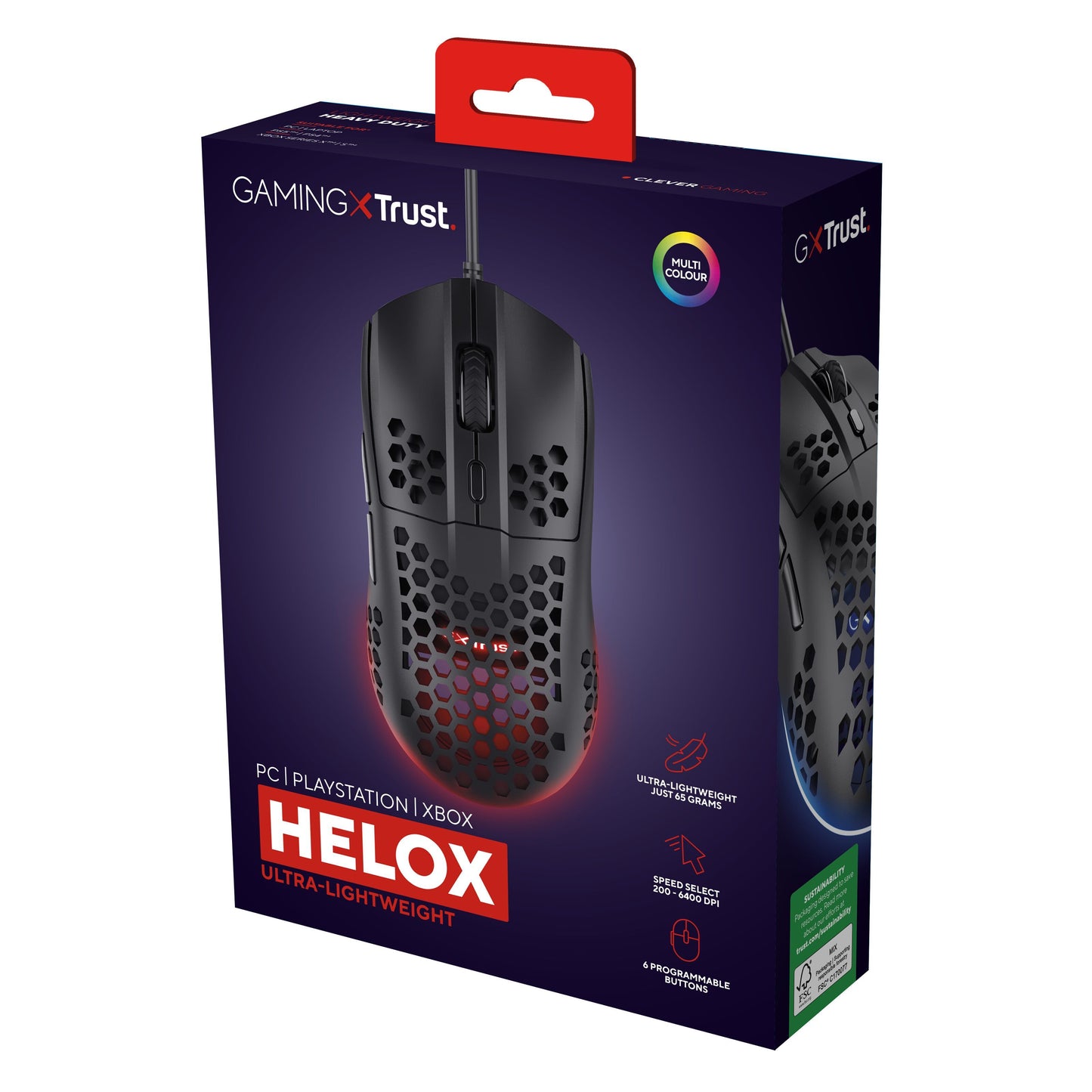 Trust Helox GXT928 sort gaming mus retail box, letvægts, justerbar DPI, optisk sensor, RGB lys, honeycomb design.