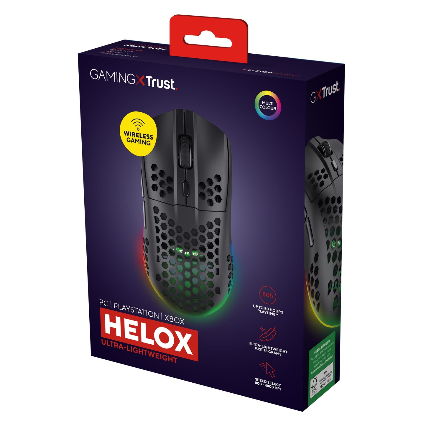Helox GXT929 trådløs gamingmus sort, RGB lys, 2.800-4.800 DPI, hurtig respons, 80 t batteri, til PC/PlayStation/Xbox.