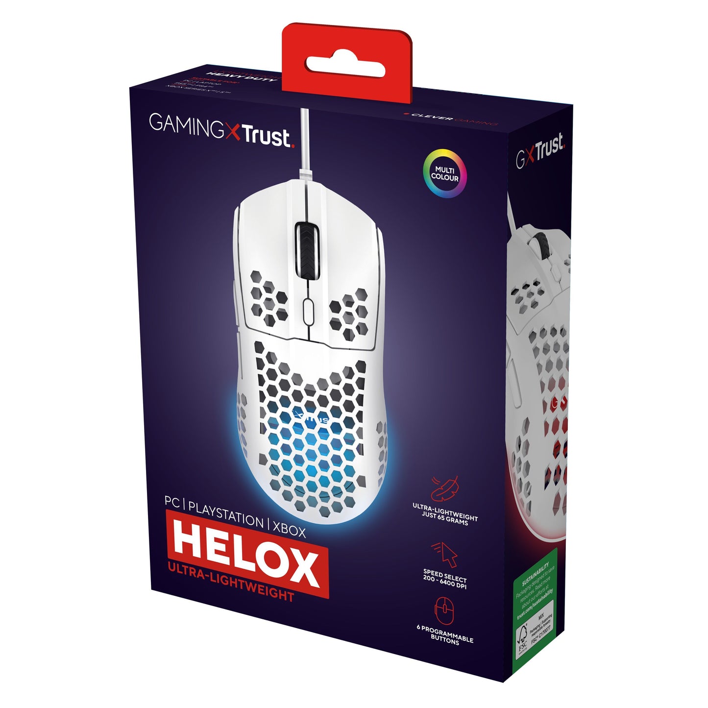 Trust Helox GXT928 Letvægts mus hvid, justerbar DPI, honeycomb design, optisk sensor, RGB lys, flettet kabel.