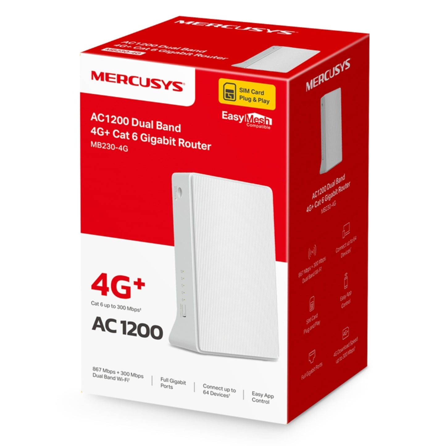 Mercusys MB230-4G AC1200 4G+ LTE router, rød/hvid æske, WiFi 5, gigabit, SIM-kort, EasyMesh.