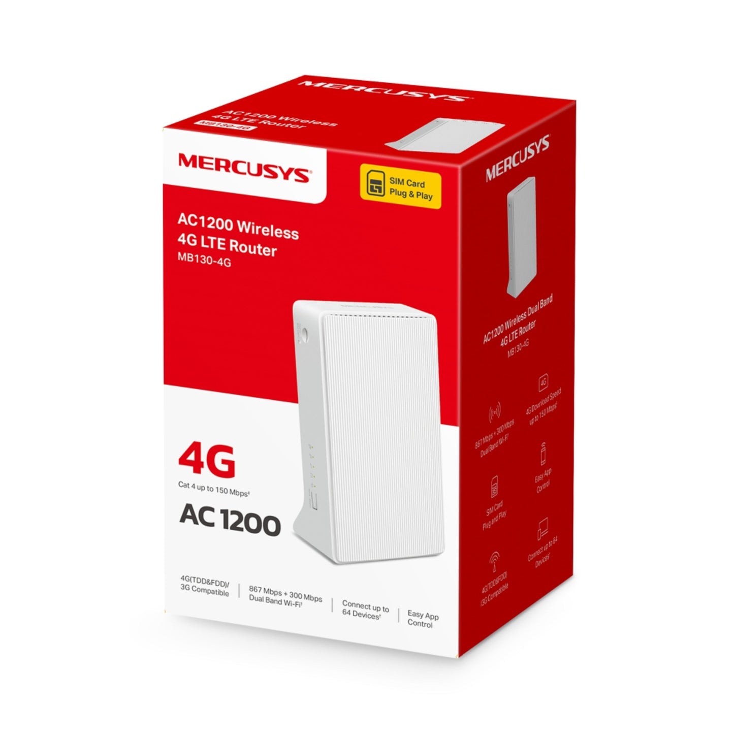 Mercusys MB130-4G AC1200 4G LTE router æske med SIM-kort support, dual-band Wi-Fi, trådløst netværk, op til 1200 Mbps.