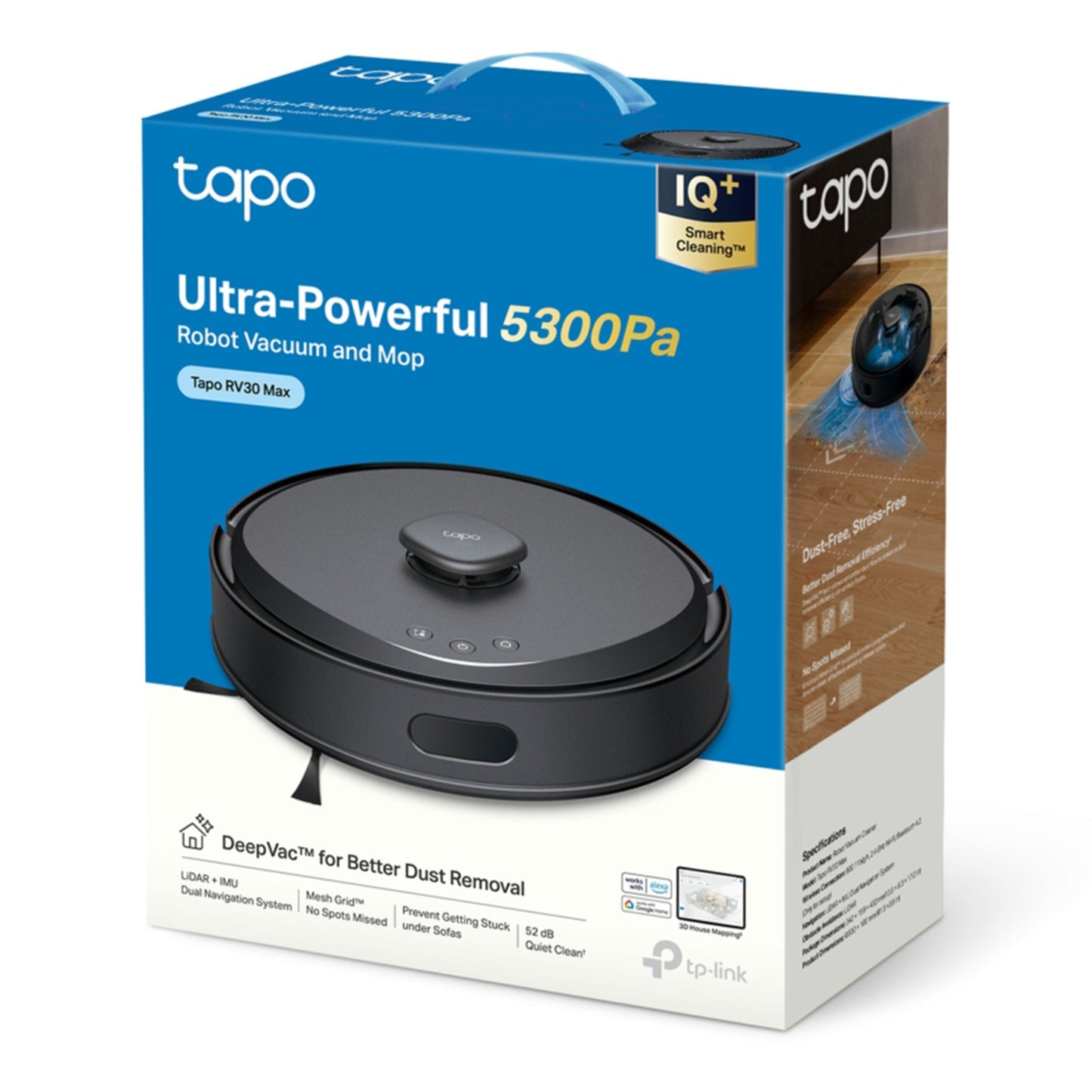 Tapo RV30 Max robotstøvsuger æske med 5300Pa, smart navigation, appstyring og automatisk rengøring.