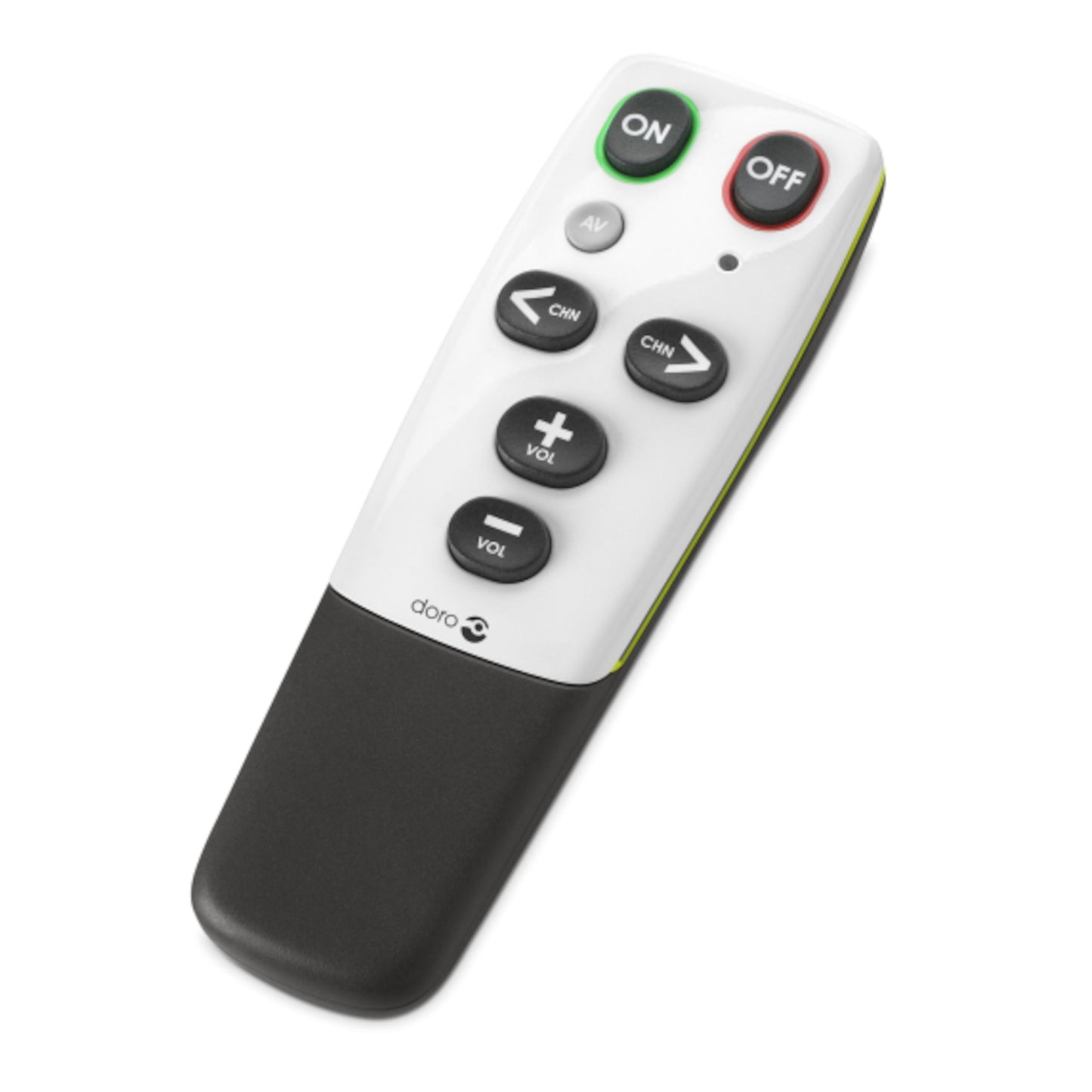 Doro Handleeasy 321rc fjernbetjening, sort/hvid, store knapper til ON, OFF, AV, CH+, CH-, VOL+, VOL-, Doro-logo nederst.