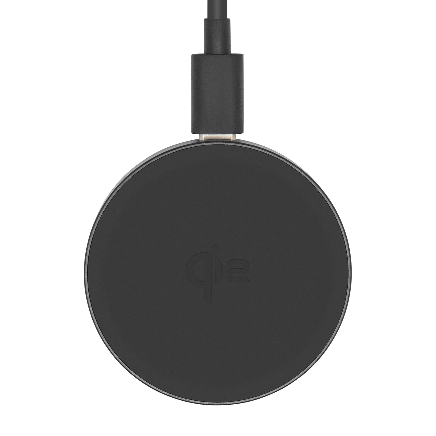 Qi2 Trådløs hurtigoplader 15W sort, rund, USB-kabel foroven, "Qi 2"-logo i midten, til iPhone 12-16.