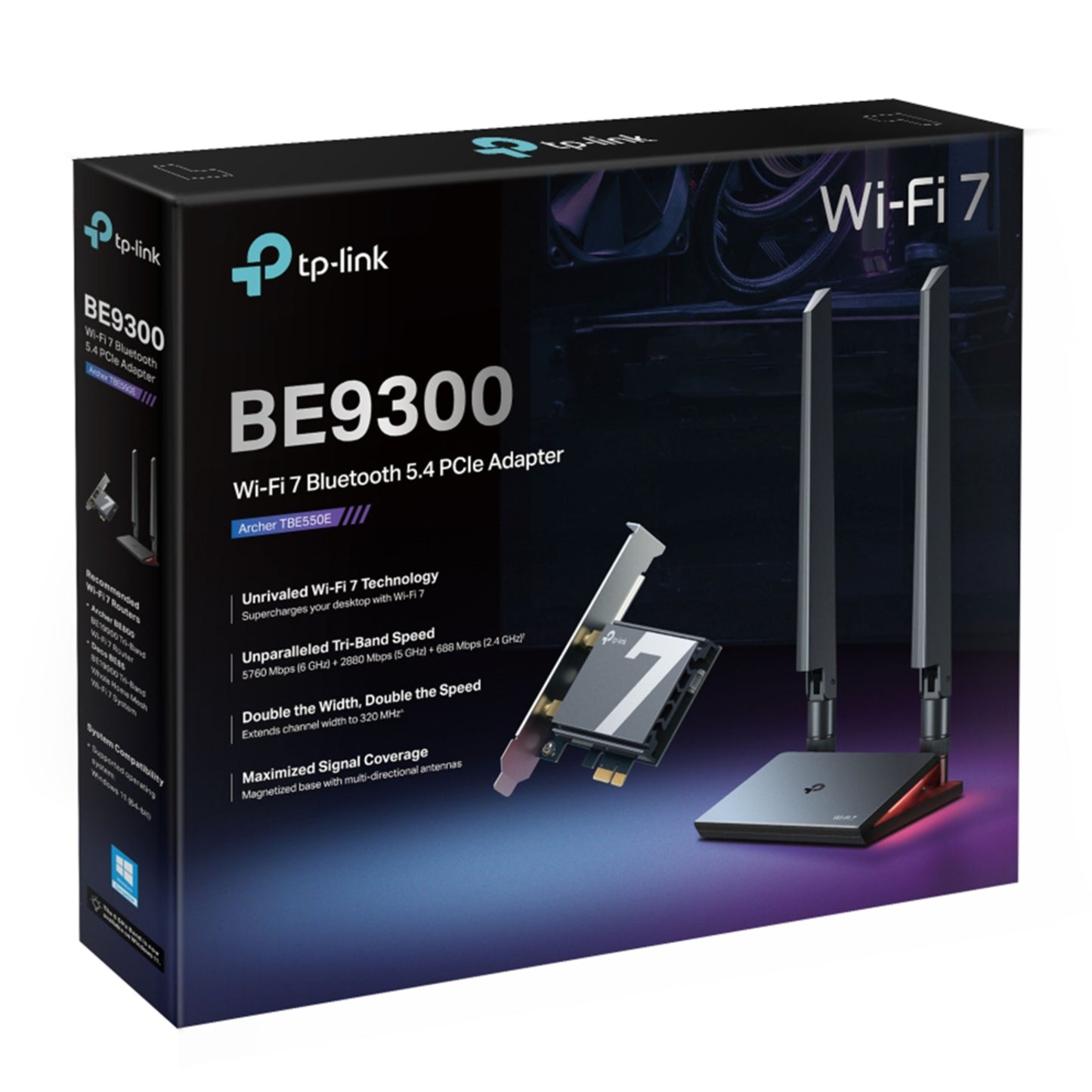 TP-Link Archer TBE550E Netværkskort BE9300 æske med dobbeltantenner, tri-band Wi-Fi 7 til desktop-pc.