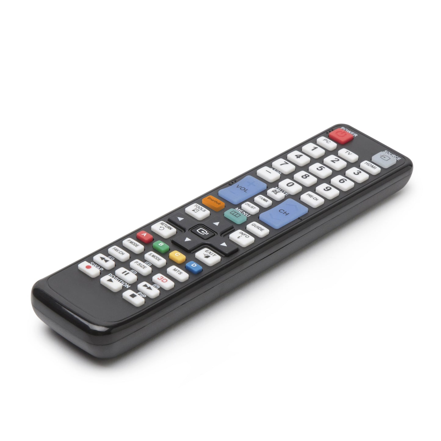 Samsung TV fjernbetjening med farvede knapper, ses skråt så knapper og kontroller tydeligt vises.