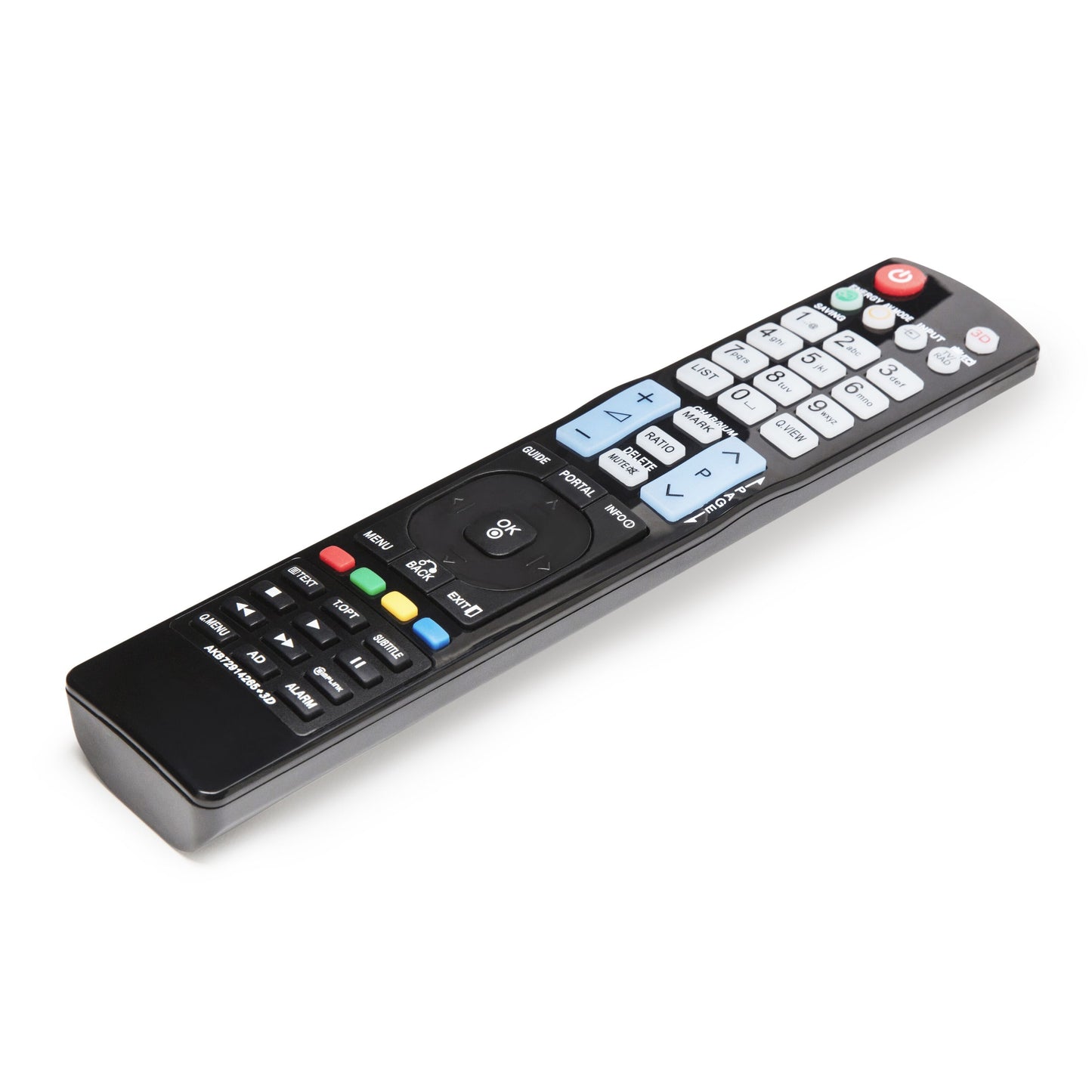 LG TV fjernbetjening sort med røde, grønne, gule, blå og hvide knapper arrangeret i rækker.