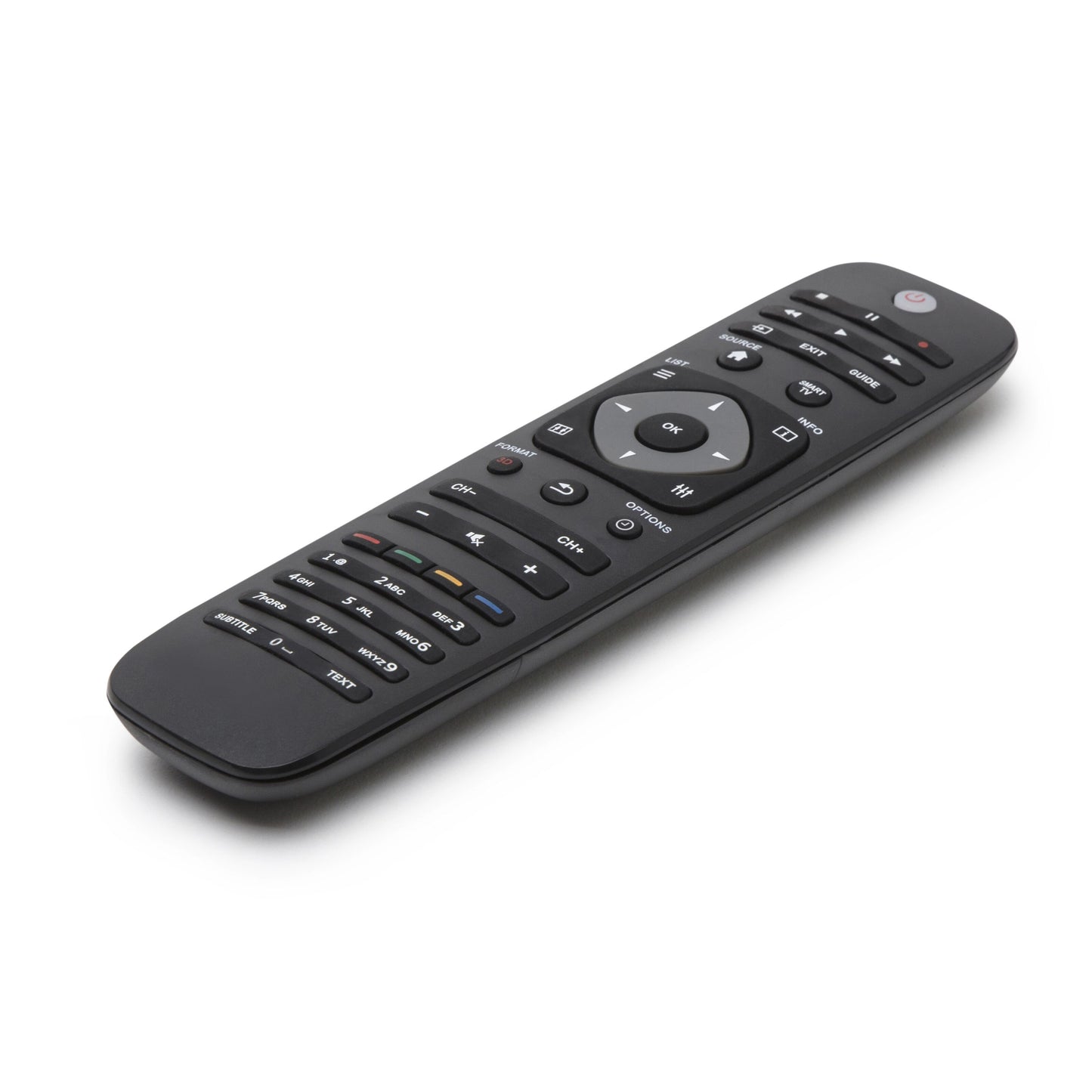 Philips universal fjernbetjening, sort, mange knapper, cirkulær navigationspad, mange funktions- og standardkontroller.