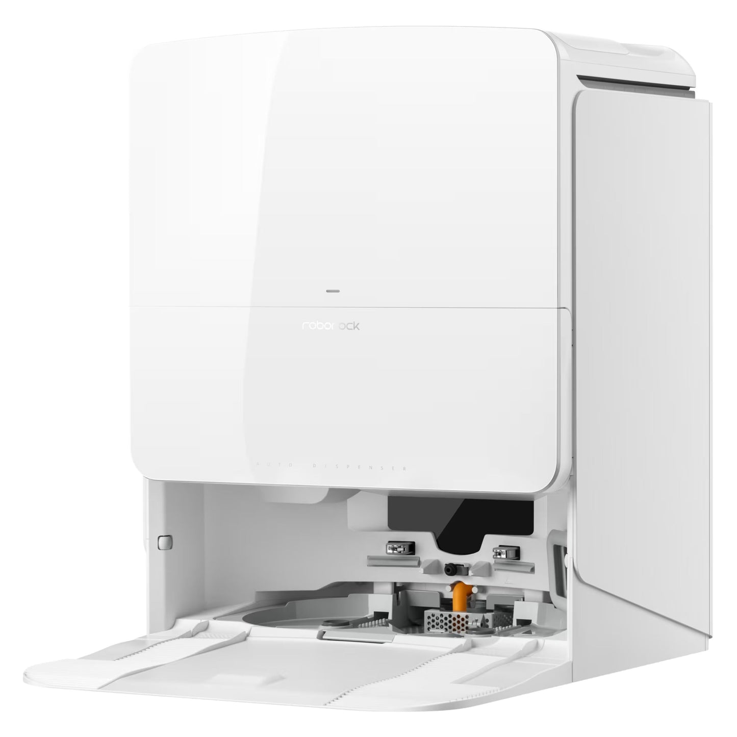 Roborock Qrevo Edge 2 Pro robotstøvsuger med moppe i dockingstation, frontpanel åbent med synlige indvendige rum.
