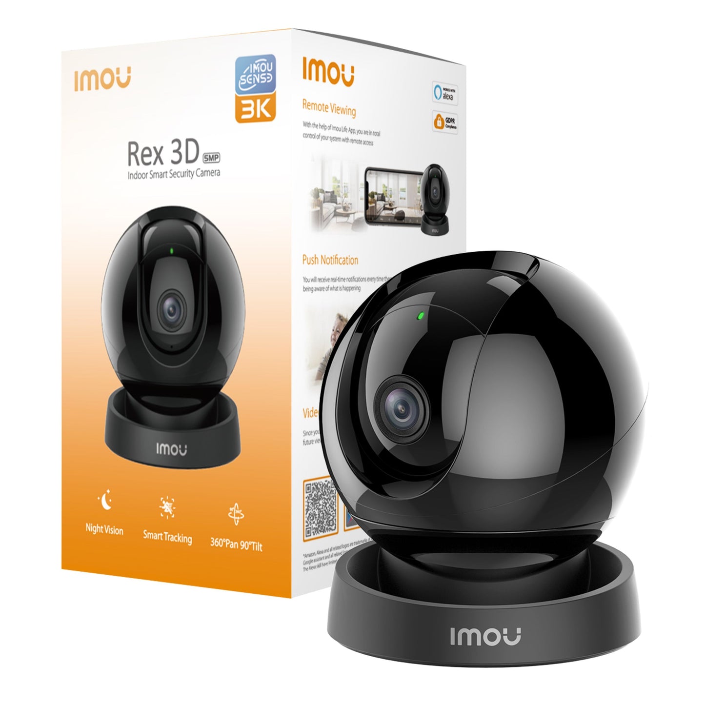 Imou Rex 3D trådløst indendørskamera 5 MP med natvision, smart tracking, 360° pan/tilt, Alexa kompatibel.