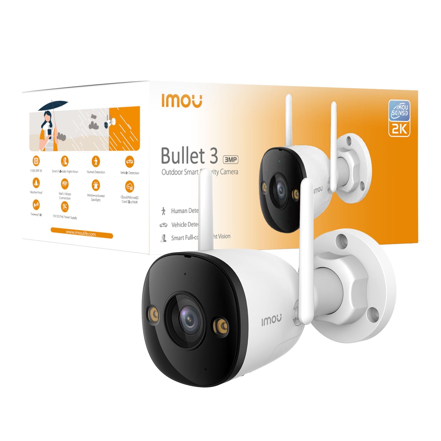 Imou Bullet 3 3MP trådløst overvågningskamera med dobbelte antenner foran orange-hvid æske med AI-detektion, nattesyn.