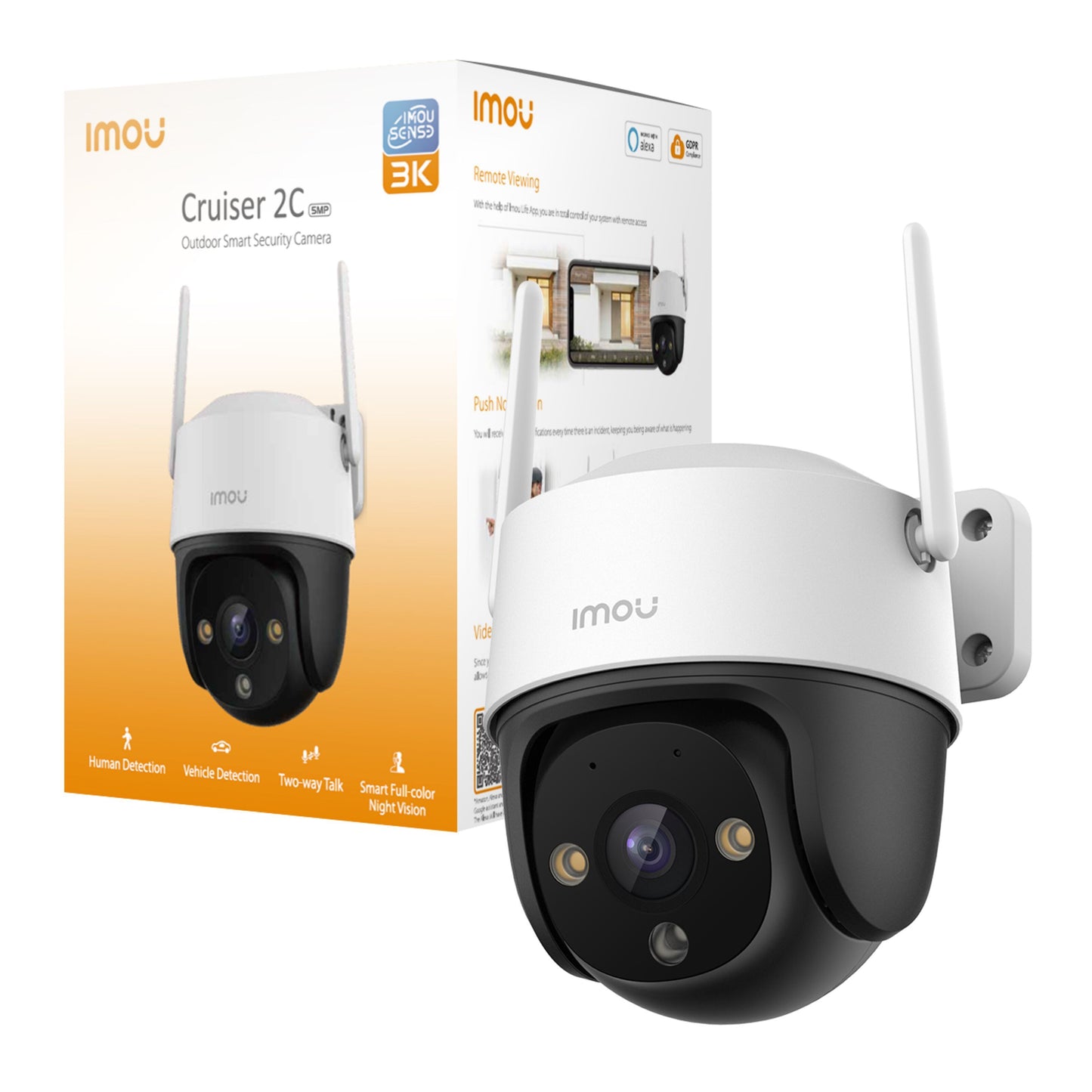 Imou Krydstogt 2C trådløst overvågningskamera, 5 MP, hvid/sort, ved orange-hvid æske, 3K video, nattesyn, fjernadgang.