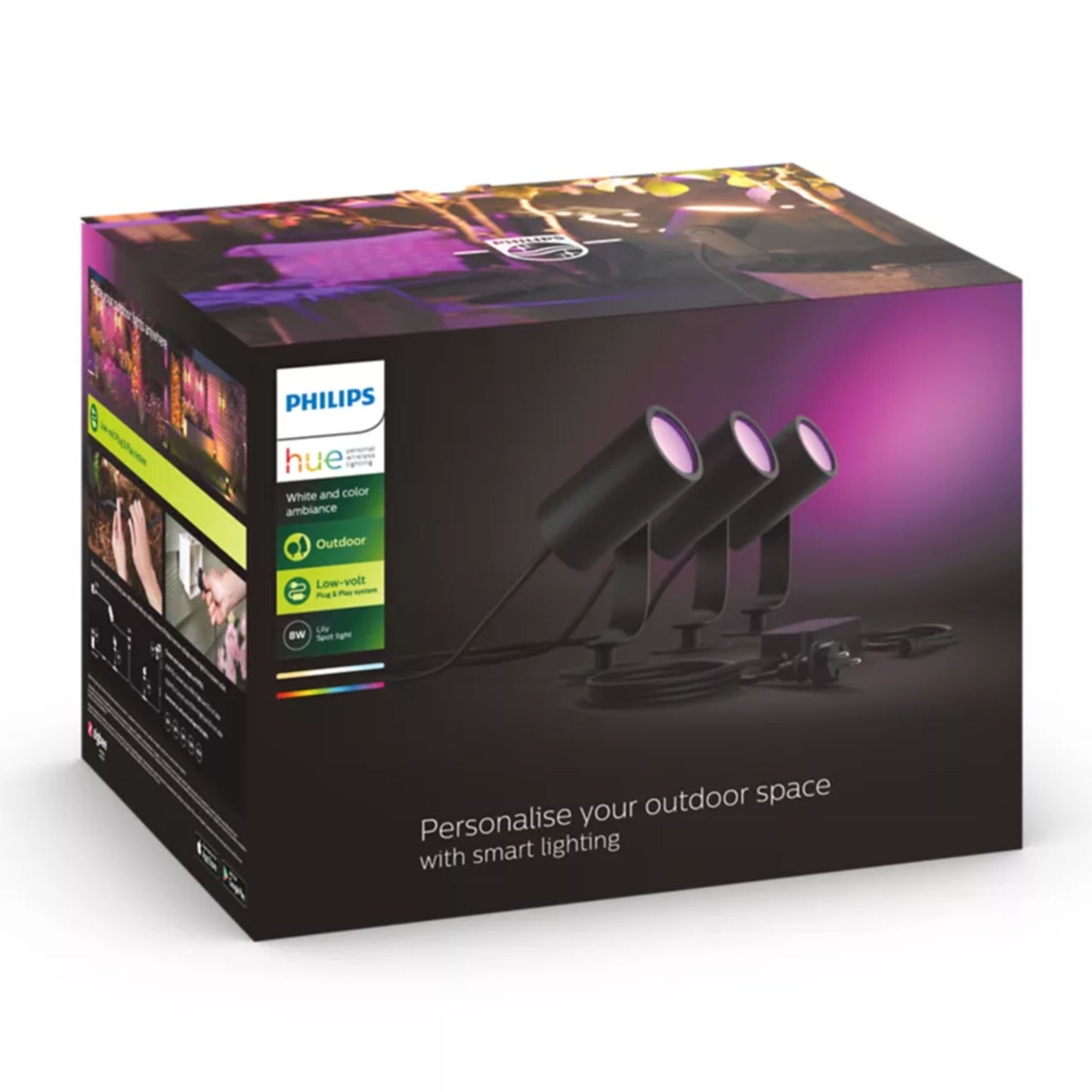 Philips Hue Lily udendørs spotlys, 3-pak, sorte spotlys med appstyring og justerbar belysning.